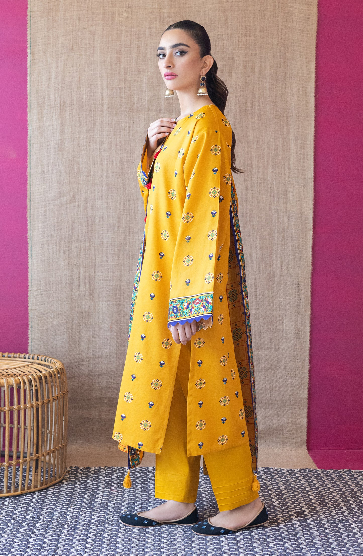 OTL-22-199/U YELLOW COTTEL  UNSTITCHED SHIRT DUPATTA PANTS