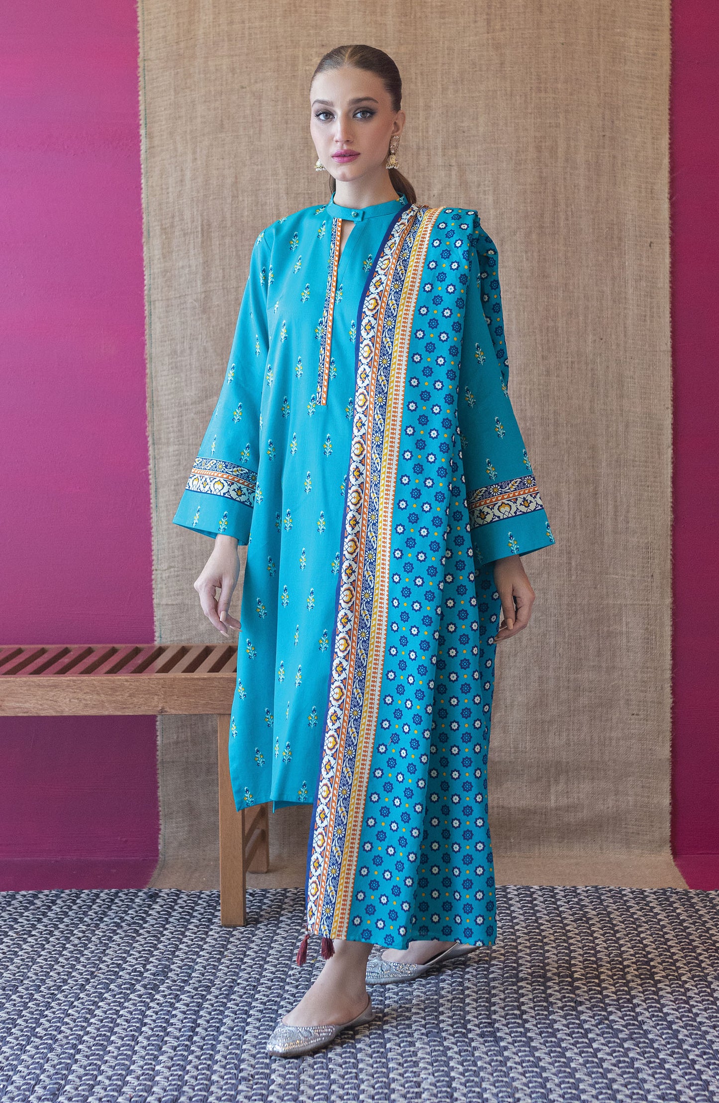 OTL-22-198/U BLUE COTTEL  UNSTITCHED SHIRT DUPATTA PANTS