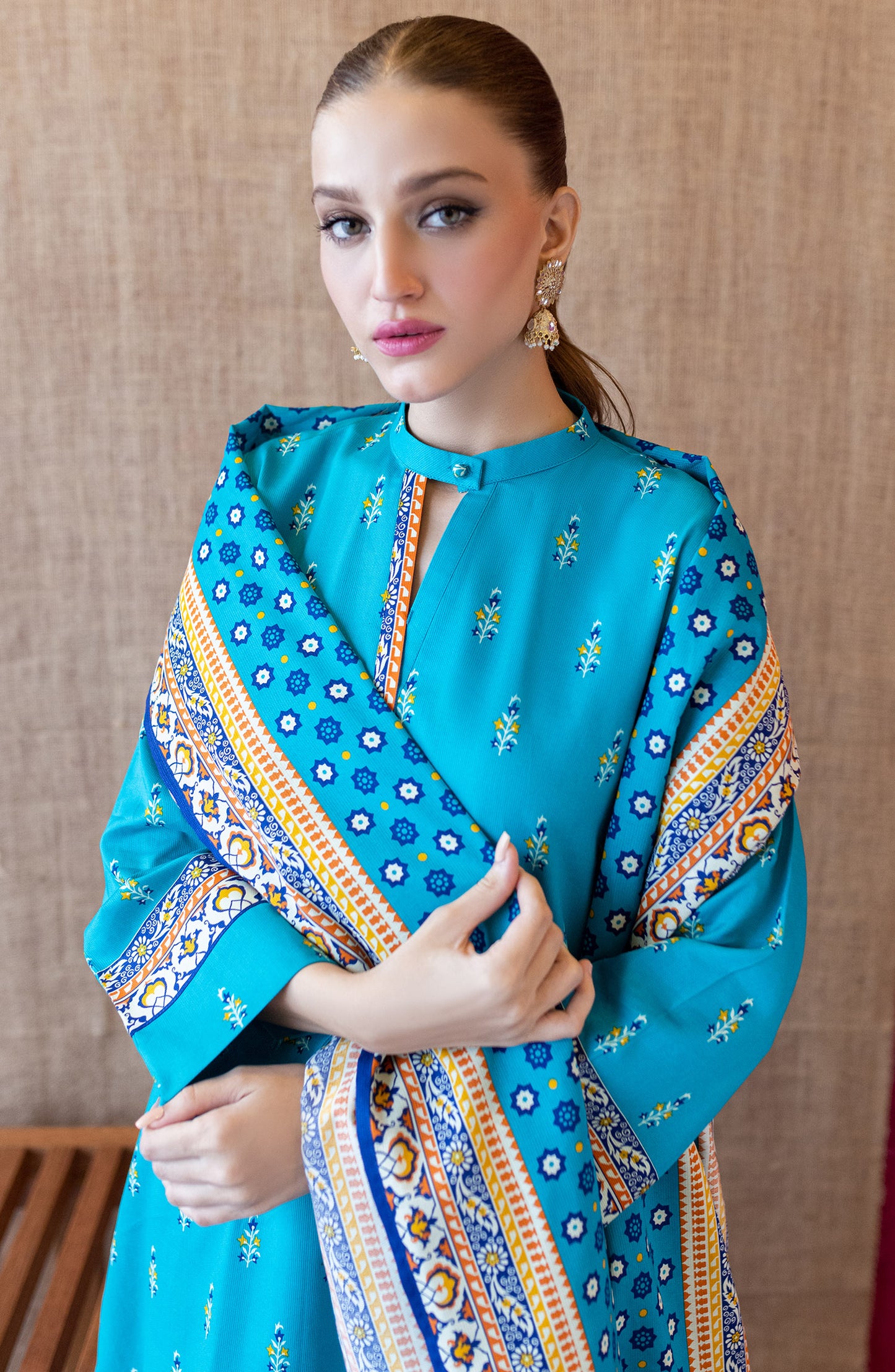OTL-22-198/U BLUE COTTEL  UNSTITCHED SHIRT DUPATTA PANTS