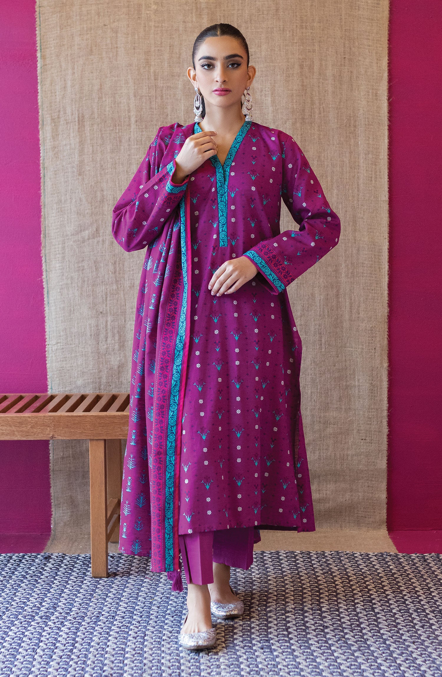 OTL-22-236/U PURPLE KHADDAR  UNSTITCHED SHIRT DUPATTA PANTS