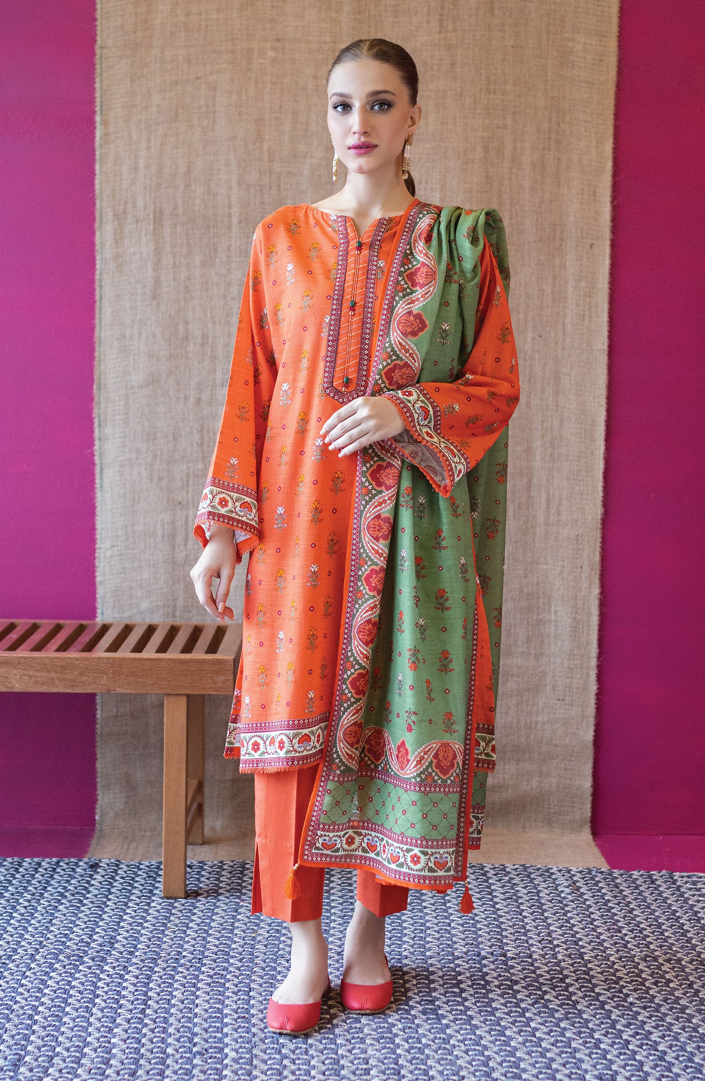 OTL-22-228/U ORANGE KHADDAR  UNSTITCHED SHIRT DUPATTA PANTS