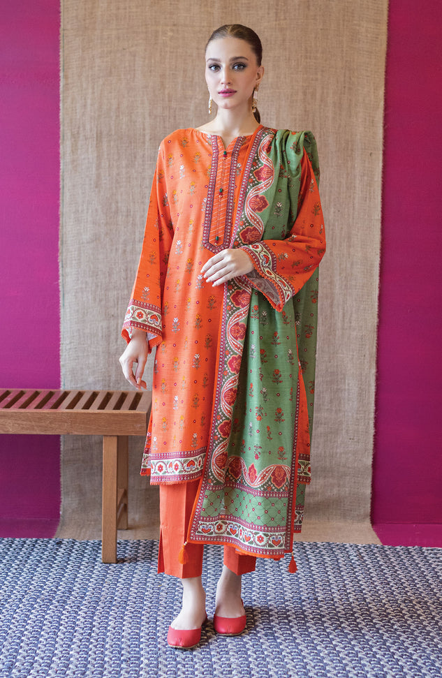 OTL-22-228/U ORANGE KHADDAR  UNSTITCHED SHIRT DUPATTA PANTS