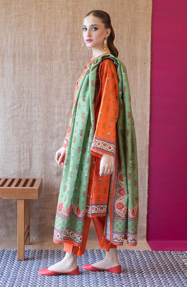 OTL-22-228/U ORANGE KHADDAR  UNSTITCHED SHIRT DUPATTA PANTS
