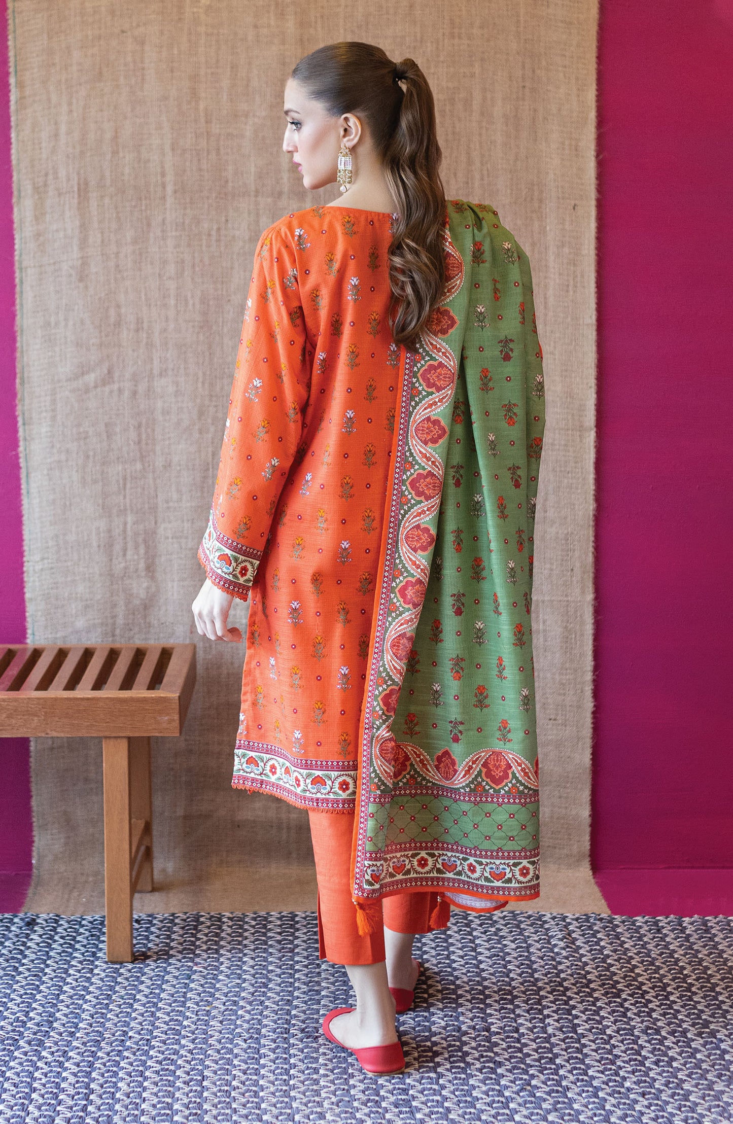 OTL-22-228/U ORANGE KHADDAR  UNSTITCHED SHIRT DUPATTA PANTS