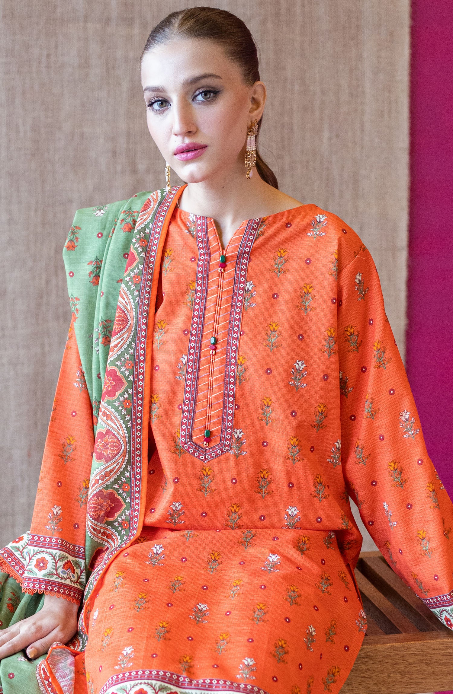 OTL-22-228/U ORANGE KHADDAR  UNSTITCHED SHIRT DUPATTA PANTS