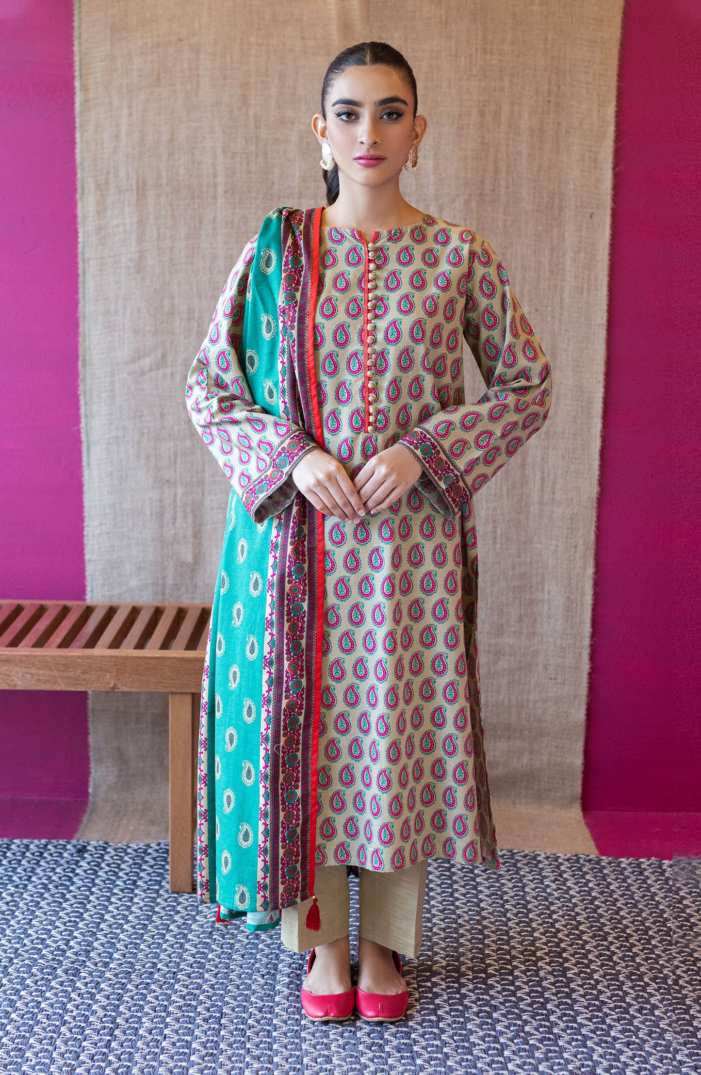 OTL-22-231/U BEIGE KHADDAR  UNSTITCHED SHIRT DUPATTA PANTS