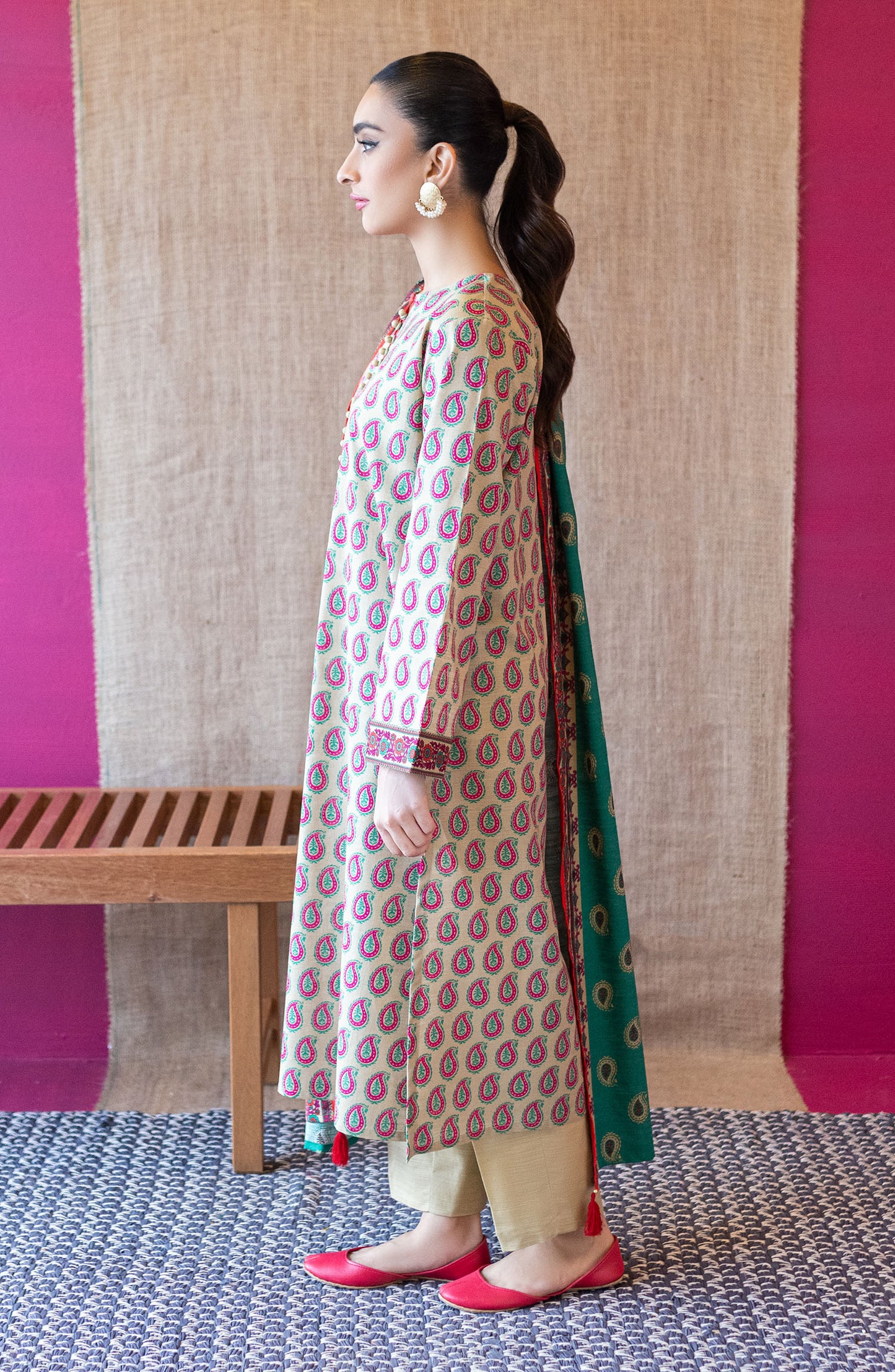 OTL-22-231/U BEIGE KHADDAR  UNSTITCHED SHIRT DUPATTA PANTS