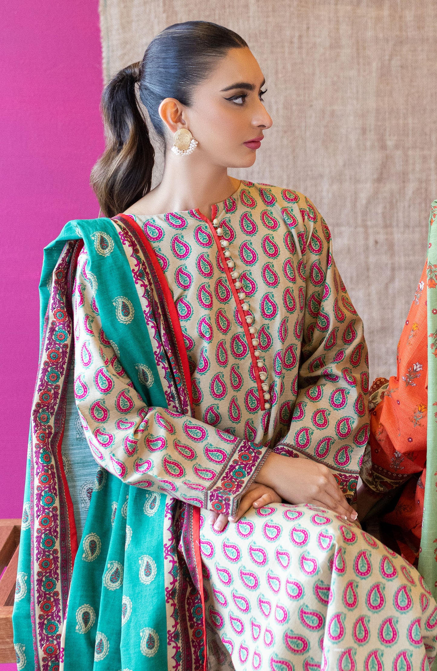 OTL-22-231/U BEIGE KHADDAR  UNSTITCHED SHIRT DUPATTA PANTS
