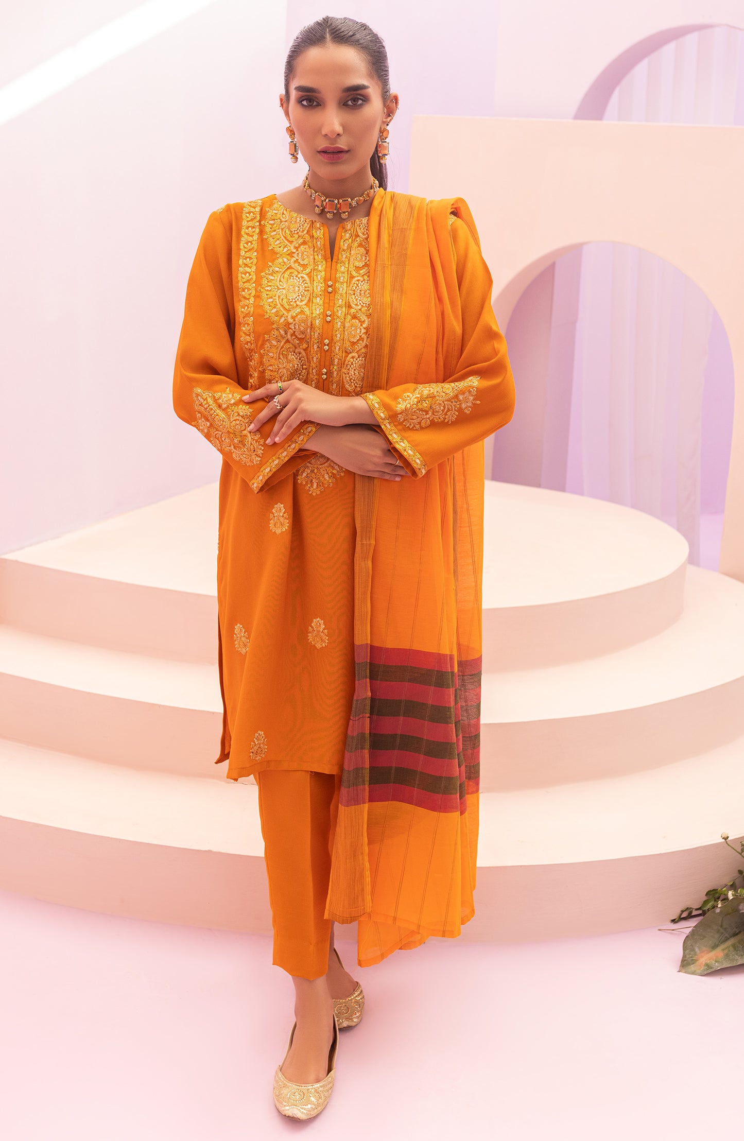 NRF-60/S ORANGE 3PC RAW SILK  READY TO WEAR SHIRT DUPATTA PANTS