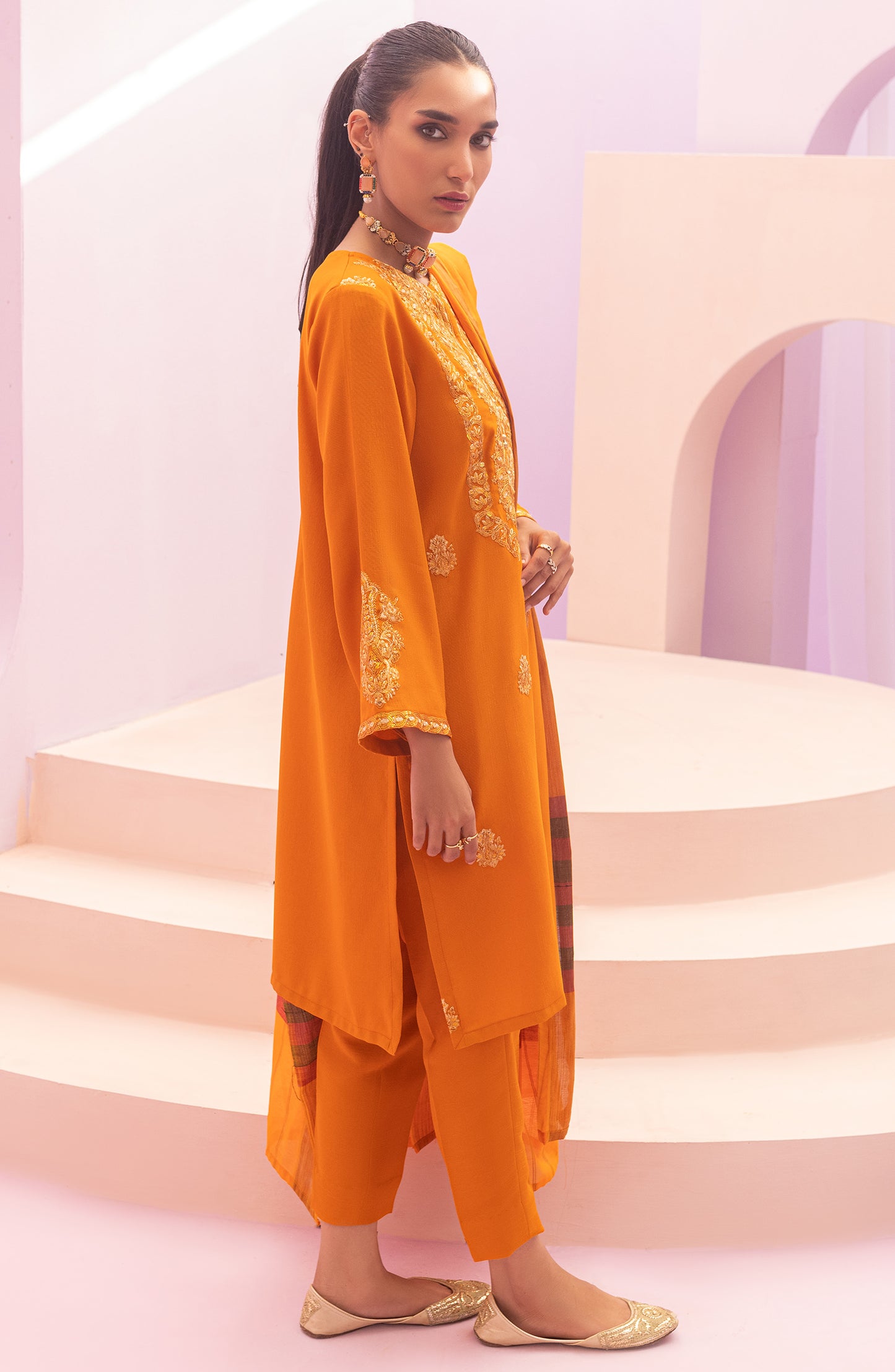 NRF-60/S ORANGE 3PC RAW SILK  READY TO WEAR SHIRT DUPATTA PANTS