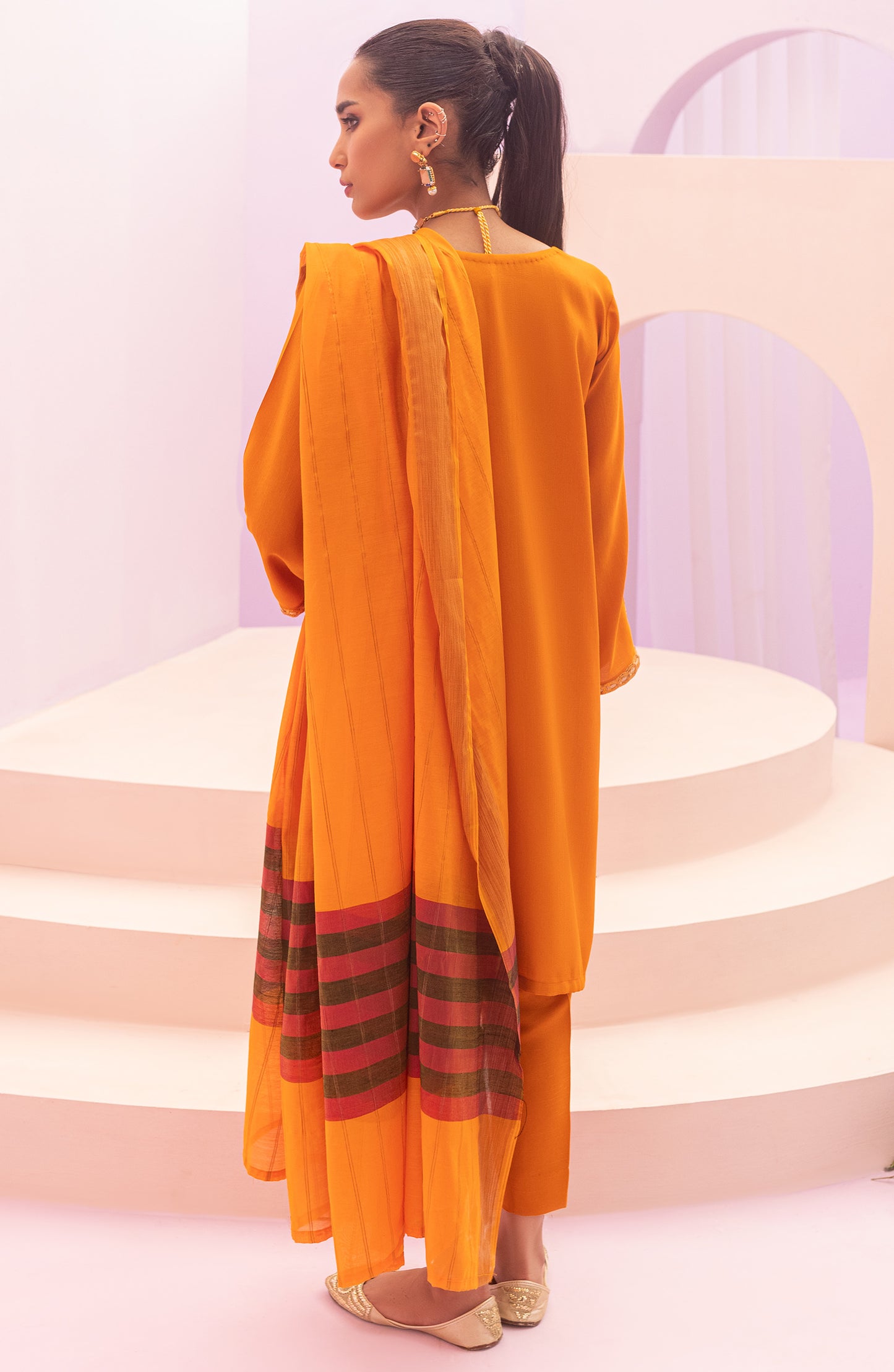 NRF-60/S ORANGE 3PC RAW SILK  READY TO WEAR SHIRT DUPATTA PANTS
