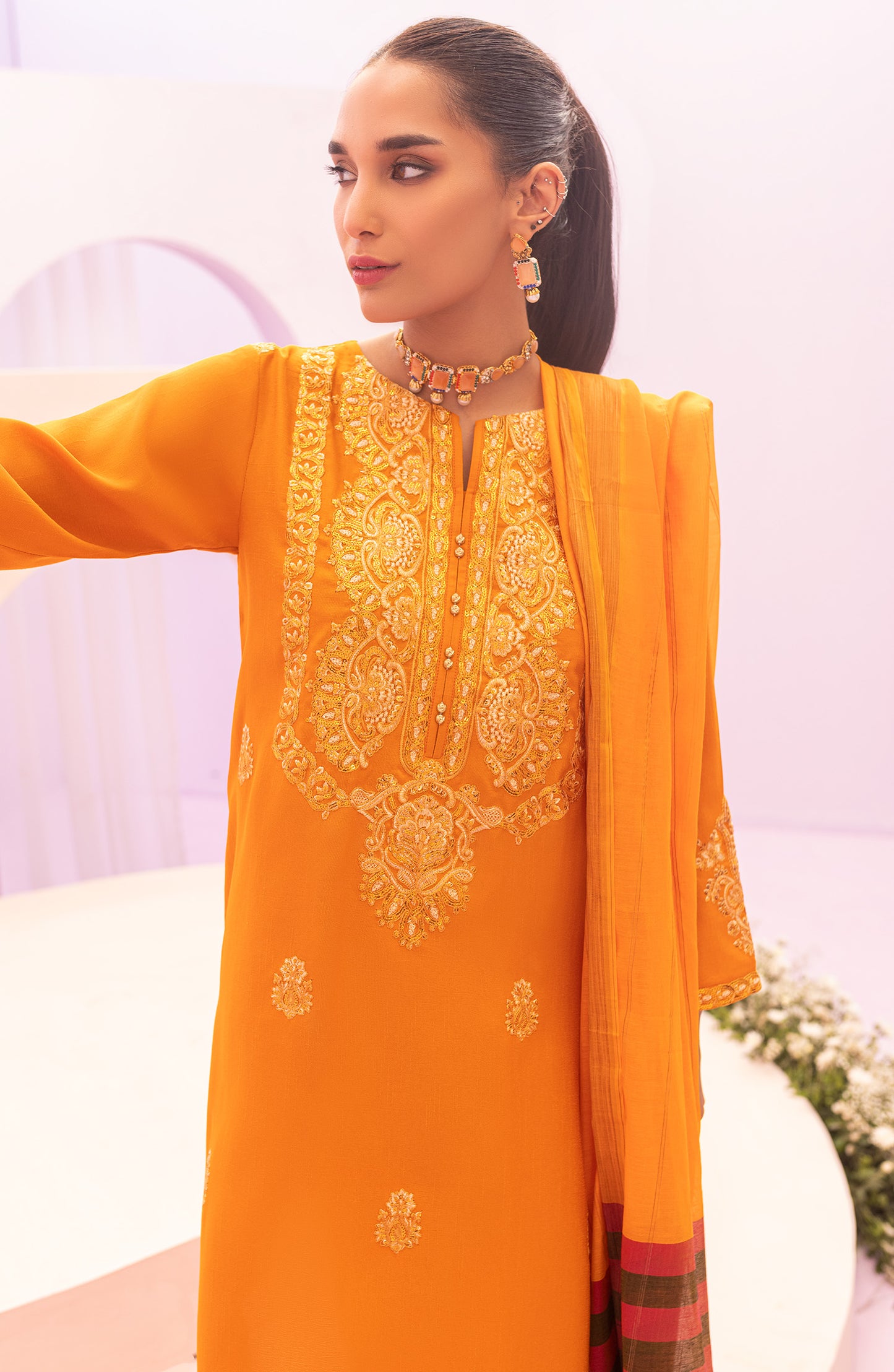 NRF-60/S ORANGE 3PC RAW SILK  READY TO WEAR SHIRT DUPATTA PANTS