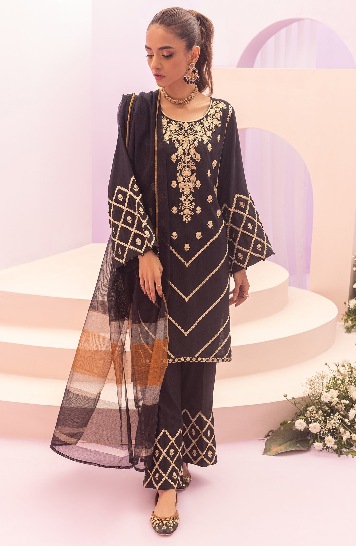 NRF-58/S BLACK 3PC RAW SILK  READY TO WEAR SHIRT DUPATTA PANTS