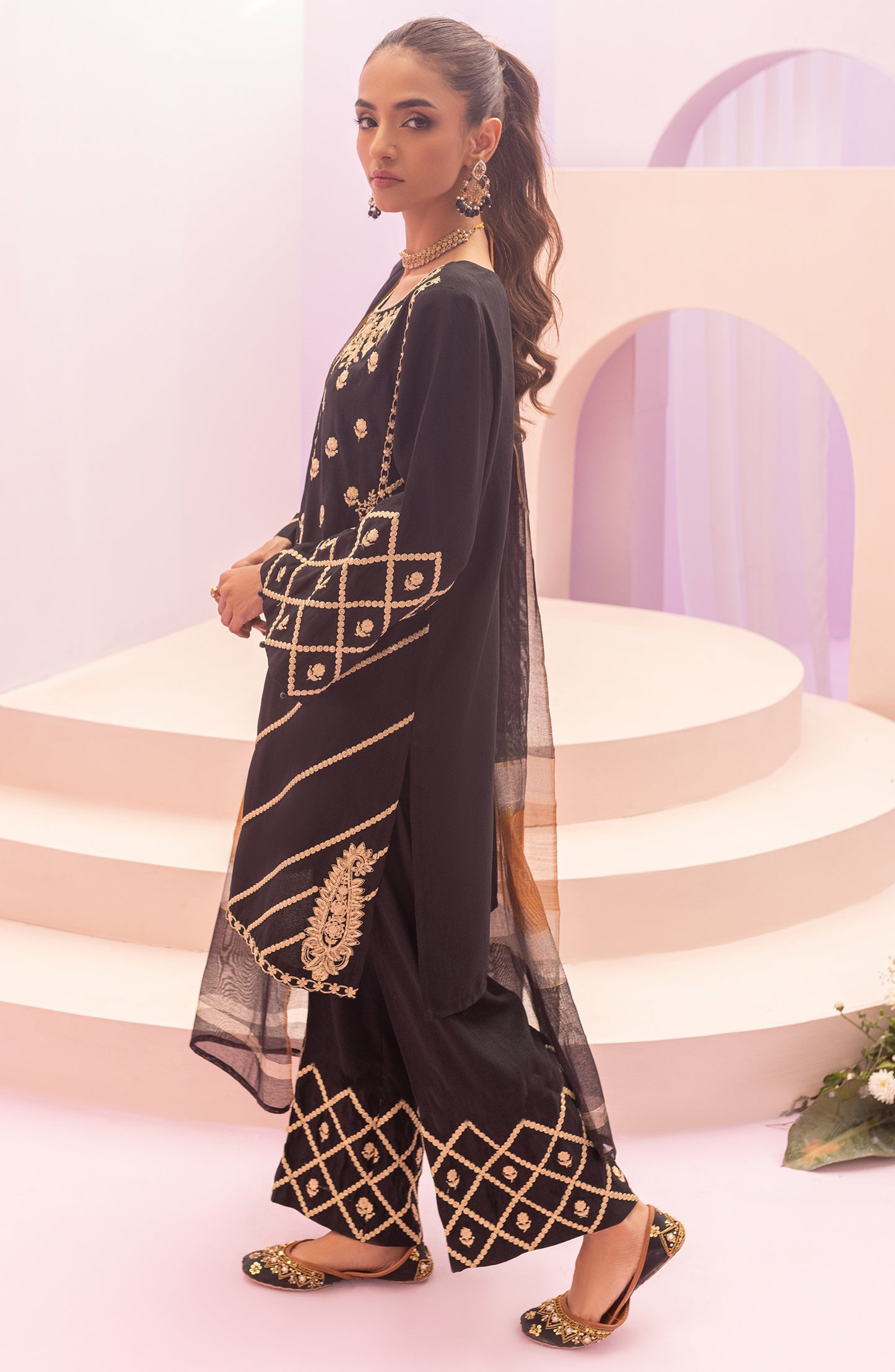 NRF-58/S BLACK 3PC RAW SILK  READY TO WEAR SHIRT DUPATTA PANTS