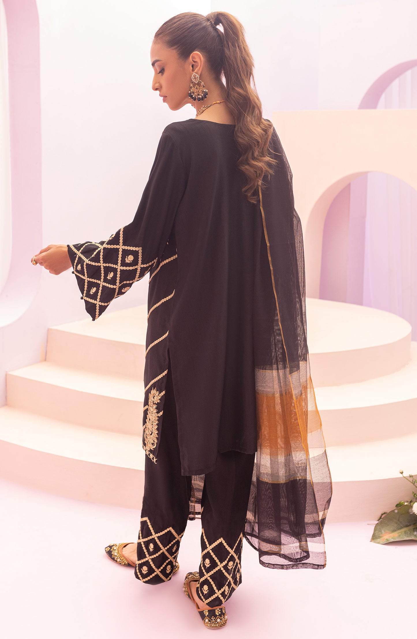 NRF-58/S BLACK 3PC RAW SILK  READY TO WEAR SHIRT DUPATTA PANTS
