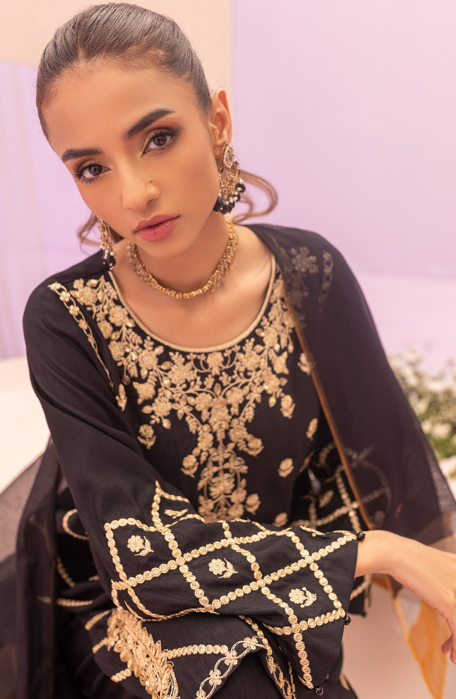 NRF-58/S BLACK 3PC RAW SILK  READY TO WEAR SHIRT DUPATTA PANTS
