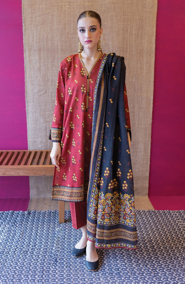 OTL-22-227/U Maroon KHADDAR  UNSTITCHED SHIRT DUPATTA PANTS