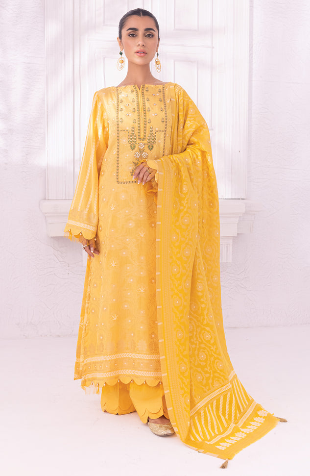 OTLF-22-010/U GOLDEN JACQUARD  UNSTITCHED SHIRT DUPATTA PANTS