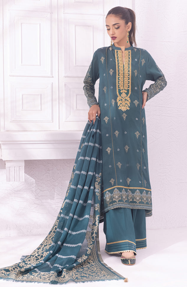 OTLF-22-012/U GREEN JACQUARD  UNSTITCHED SHIRT DUPATTA PANTS