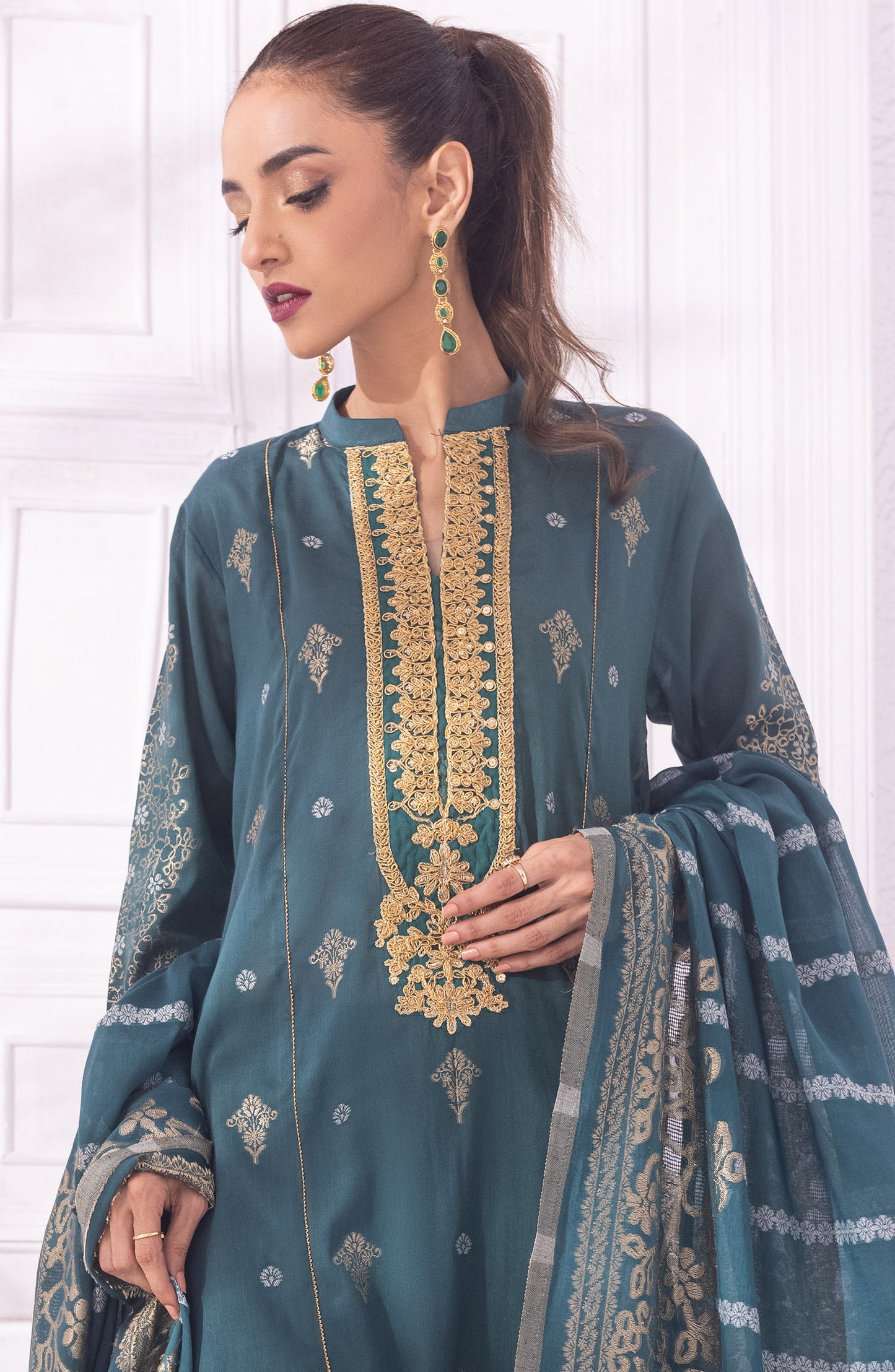 OTLF-22-012/S GREEN JACQUARD  READY TO WEAR SHIRT DUPATTA PANTS
