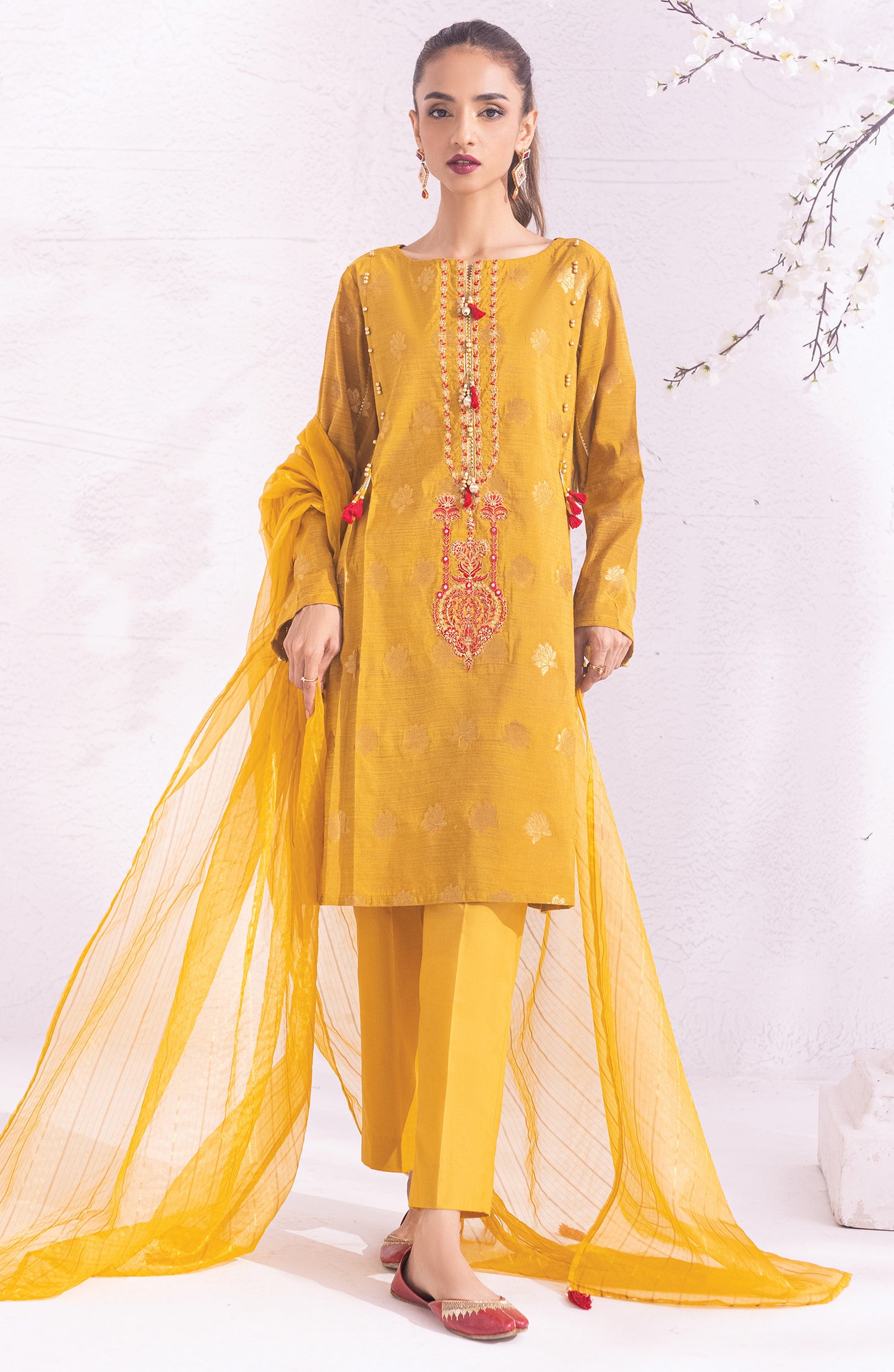 OTLF-22-007/U MUSTARD JACQUARD  UNSTITCHED SHIRT DUPATTA PANTS