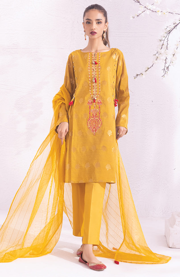 OTLF-22-007/U MUSTARD JACQUARD  UNSTITCHED SHIRT DUPATTA PANTS