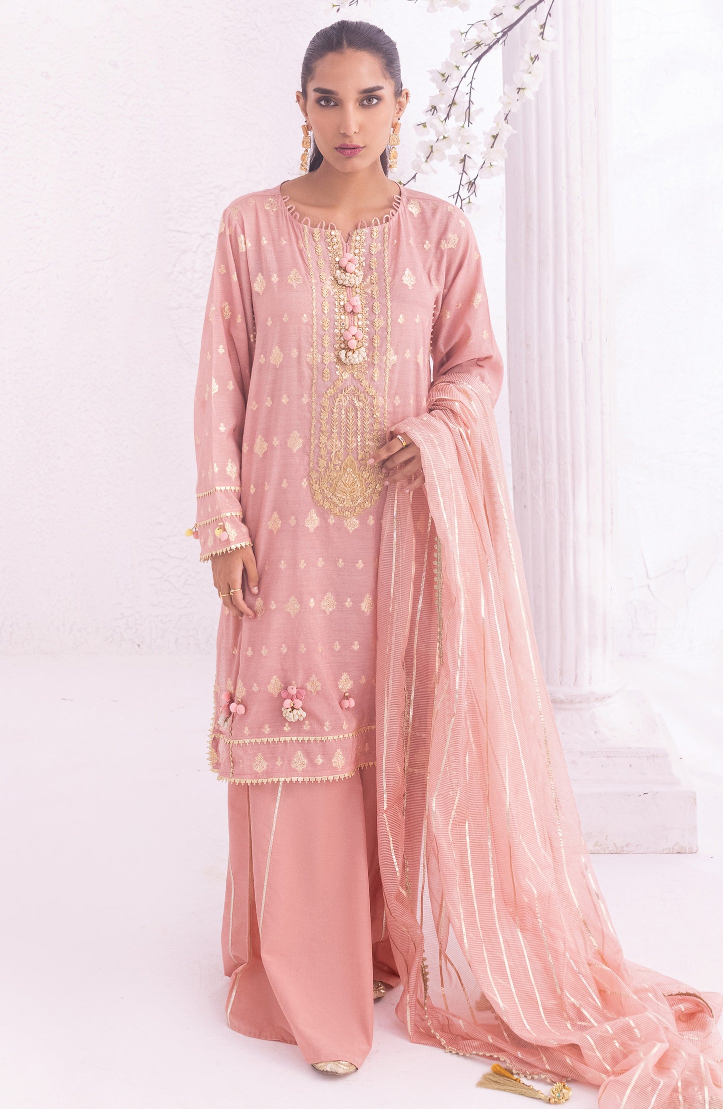 OTLF-22-005/U PEACH JACQUARD  UNSTITCHED SHIRT DUPATTA PANTS