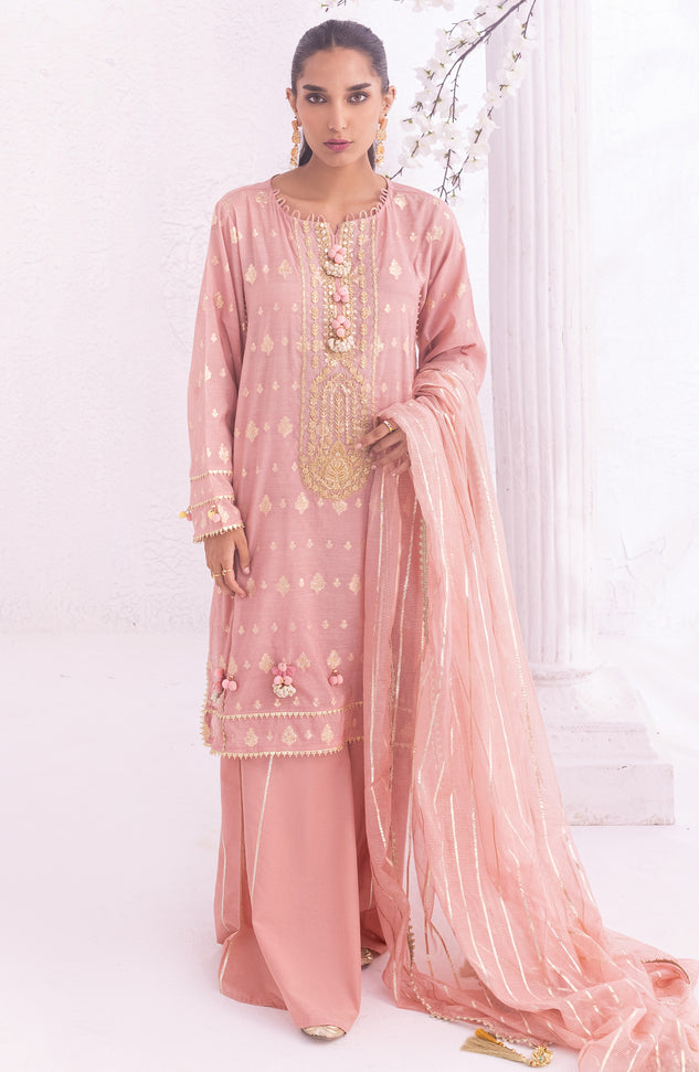 OTLF-22-005/U PEACH JACQUARD  UNSTITCHED SHIRT DUPATTA PANTS