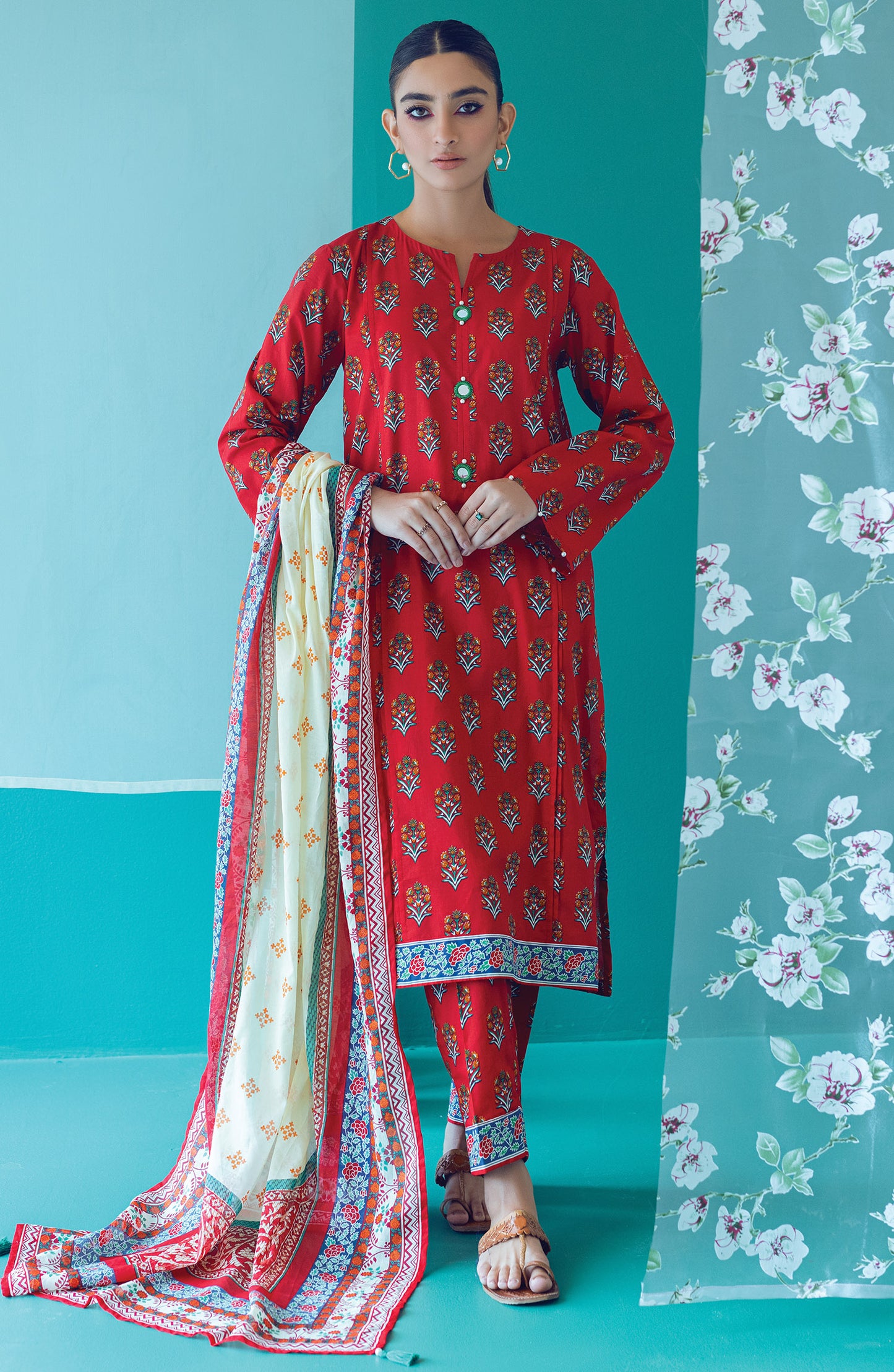 OTL-22-206/U RED LAWN  UNSTITCHED SHIRT DUPATTA PANTS