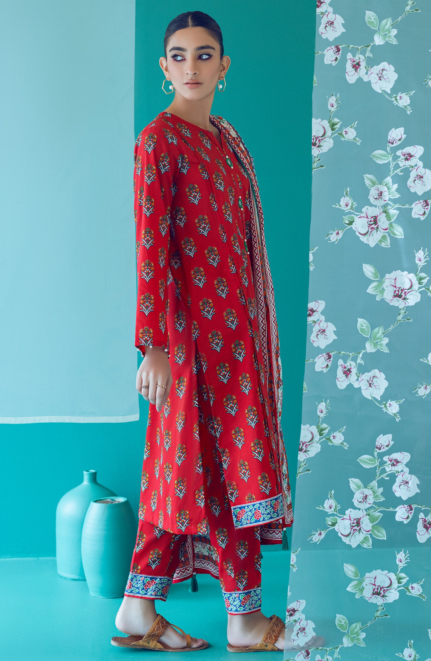 OTL-22-206/U RED LAWN  UNSTITCHED SHIRT DUPATTA PANTS