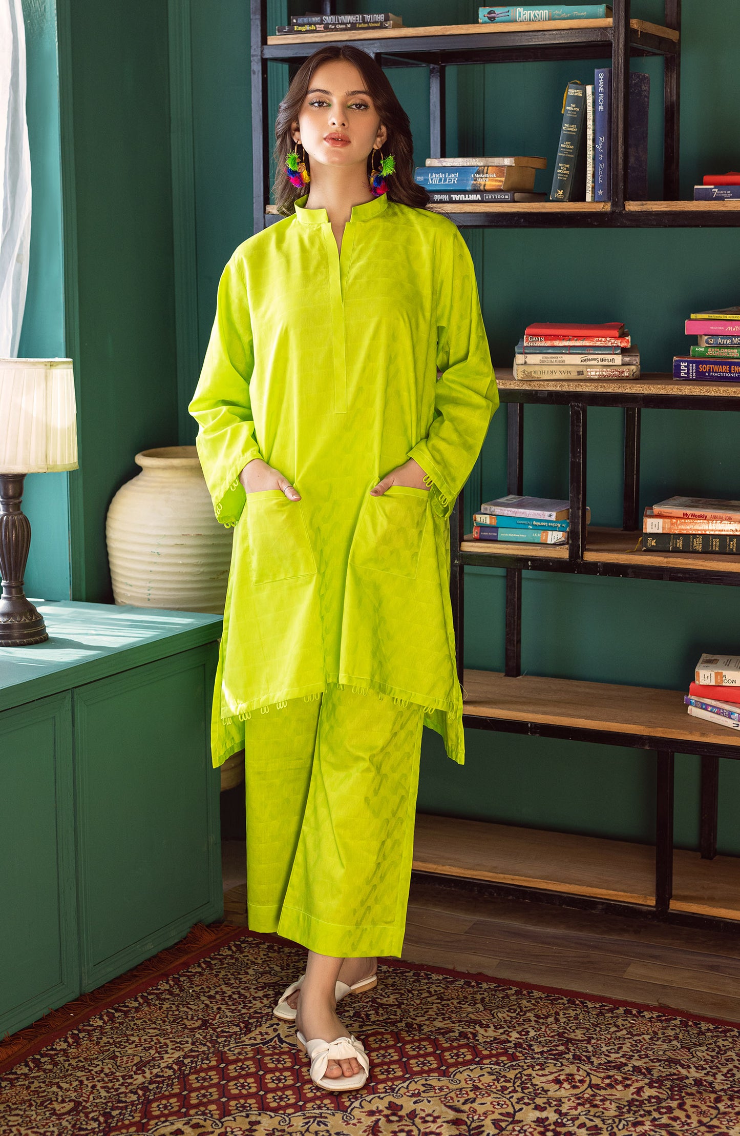 NW-MS-PL-23-014 NEON GREEN JACQUARD  READY TO WEAR SHIRT PANTS