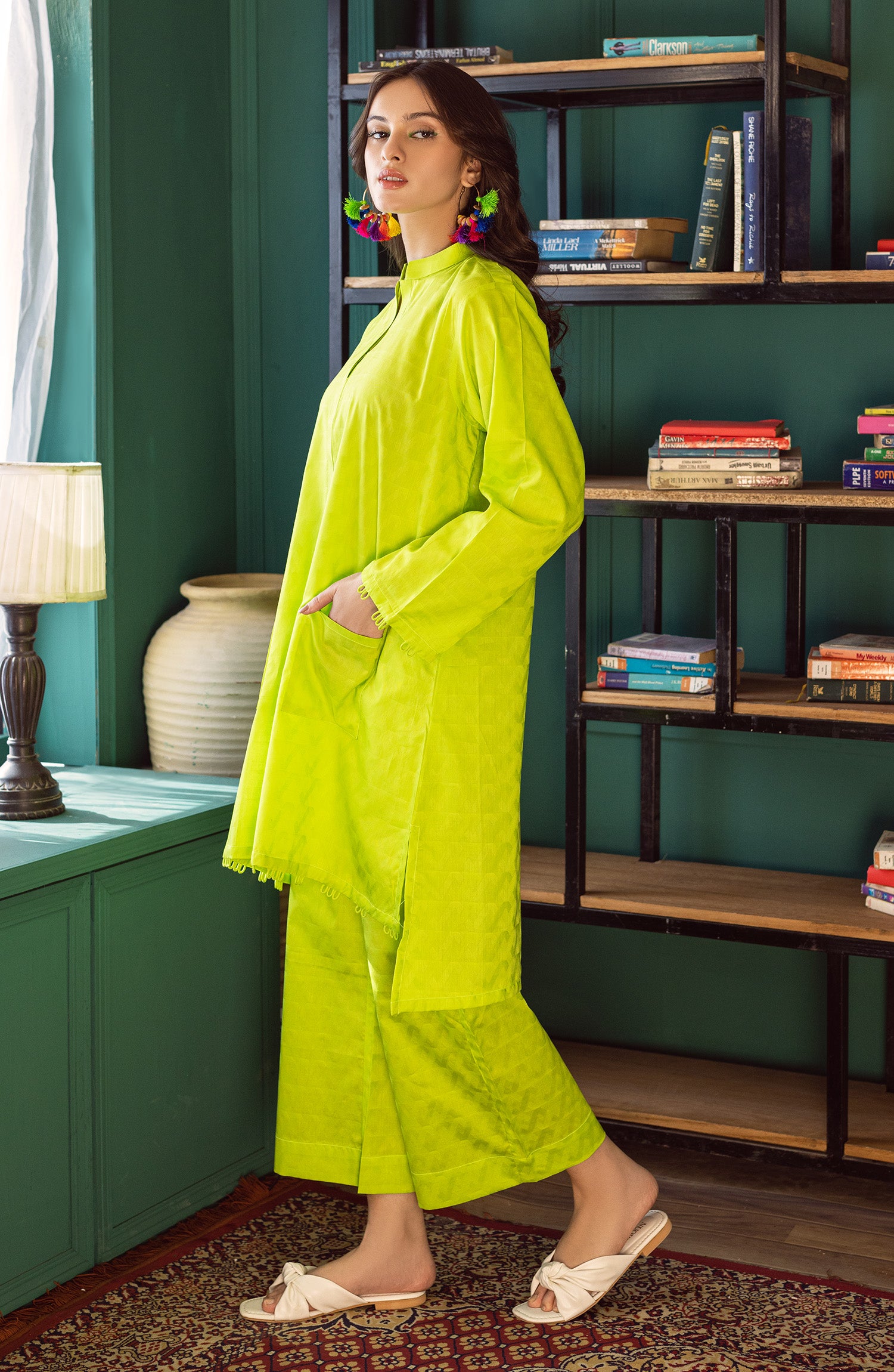 NW-MS-PL-23-014 NEON GREEN JACQUARD  READY TO WEAR SHIRT PANTS