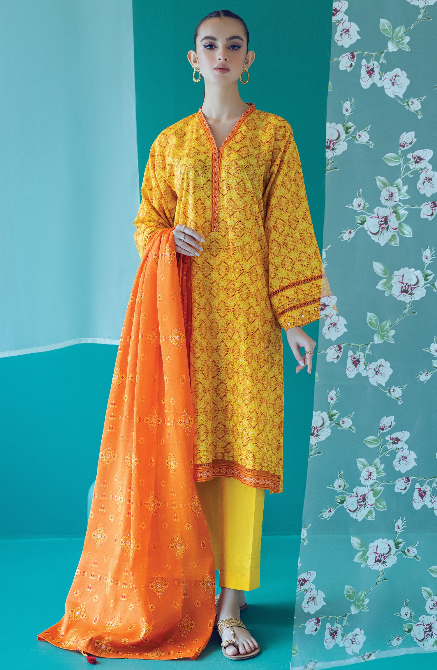 OTL-22-193/U YELLOW LAWN  UNSTITCHED SHIRT DUPATTA PANTS