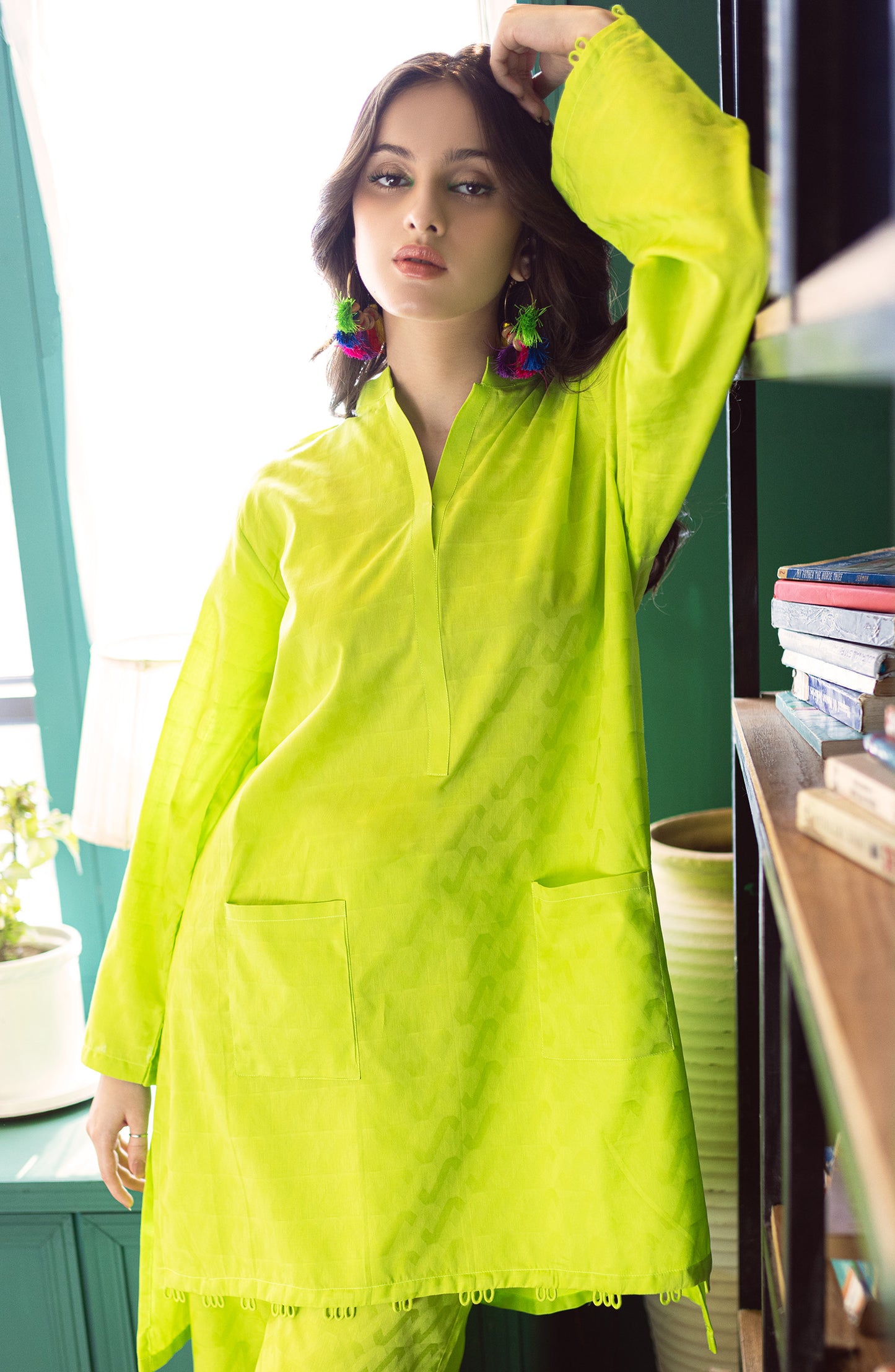 NW-MS-PL-23-014 NEON GREEN JACQUARD  READY TO WEAR SHIRT PANTS