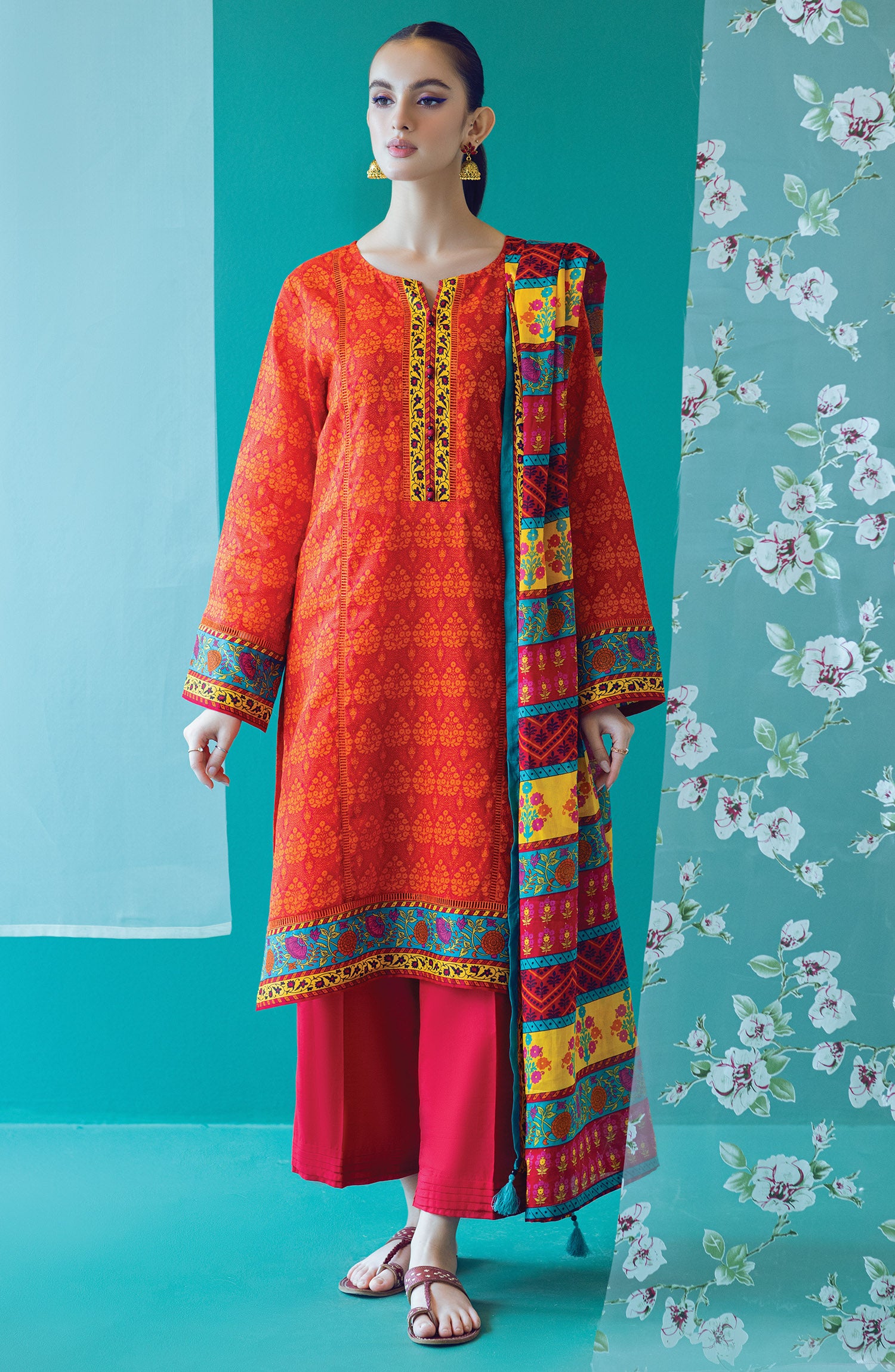 OTL-22-192/U RED LAWN  UNSTITCHED SHIRT DUPATTA PANTS