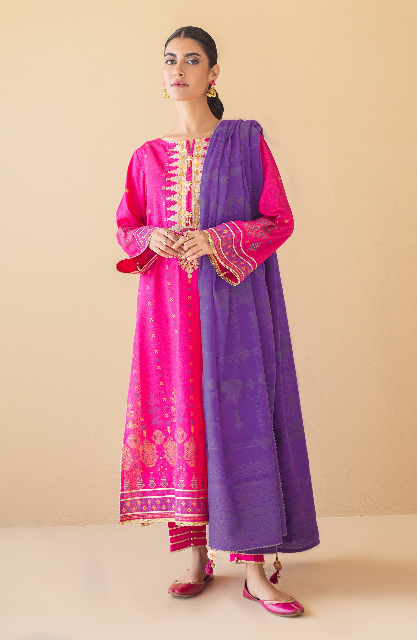 OTL-22-063/U PINK KARANDI  UNSTITCHED SHIRT DUPATTA PANTS