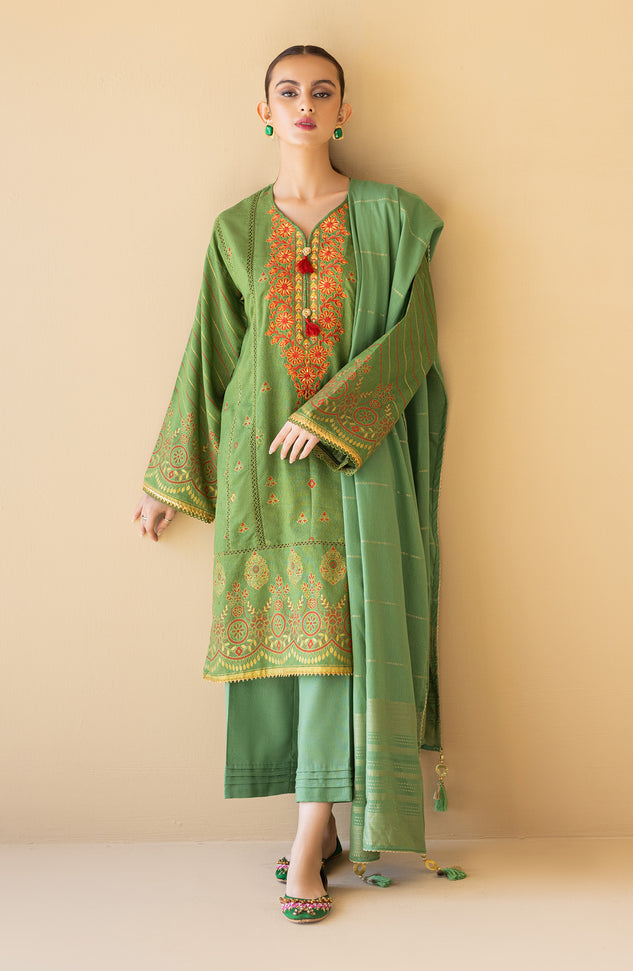 OTL-22-092/U GREEN KARANDI  UNSTITCHED SHIRT DUPATTA PANTS