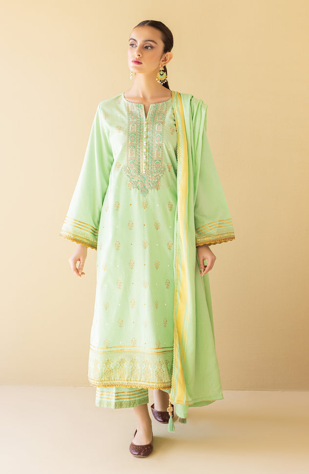 OTL-22-156/U GREEN KARANDI  UNSTITCHED SHIRT DUPATTA PANTS
