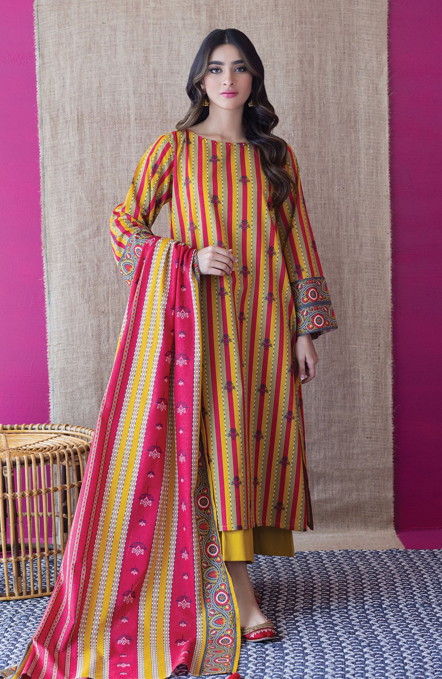 OTL-22-222/U MUSTARD KARANDI  UNSTITCHED SHIRT DUPATTA PANTS