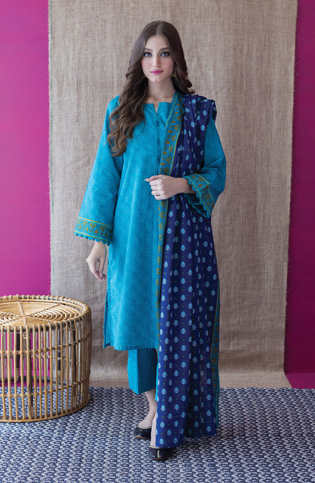OTL-22-233/U BLUE KHADDAR  UNSTITCHED SHIRT DUPATTA PANTS