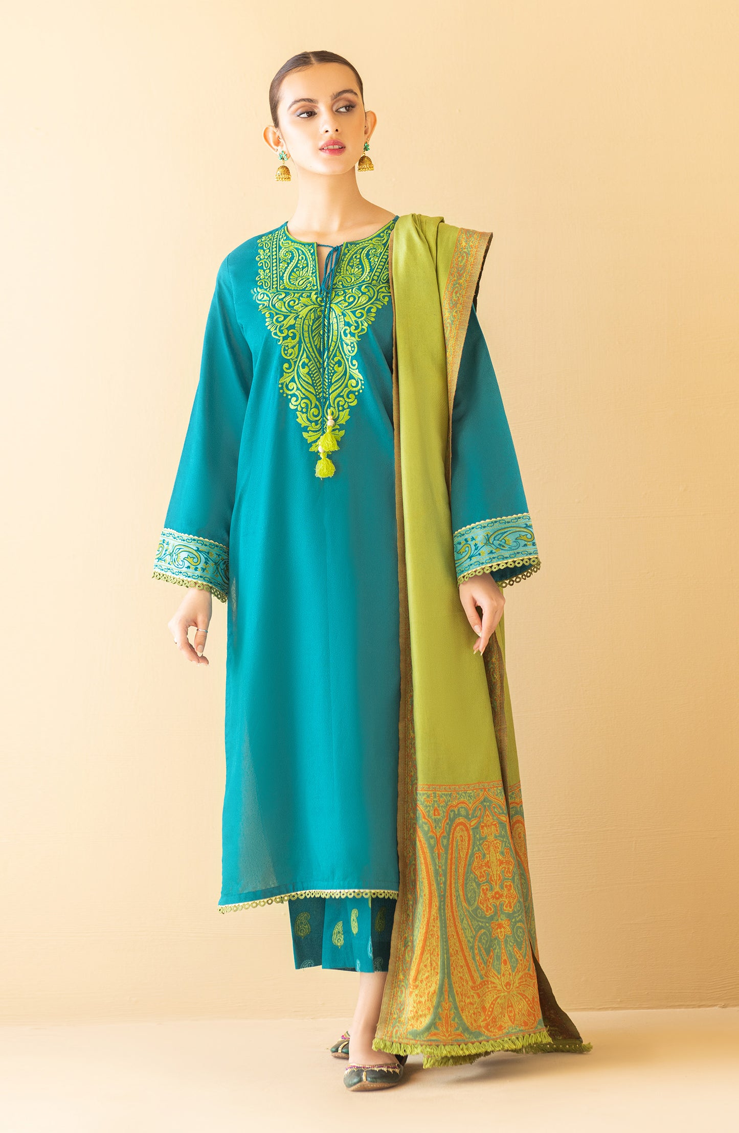 OTL-22-224/U TURQUOISE KARANDI  UNSTITCHED SHIRT DUPATTA PANTS