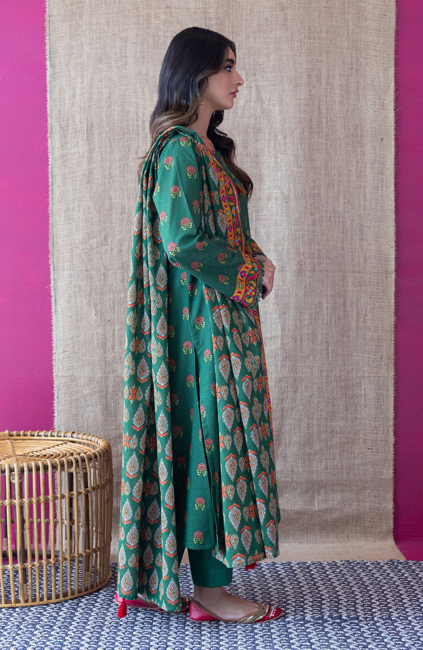 OTL-22-221/U GREEN KARANDI  UNSTITCHED SHIRT DUPATTA PANTS