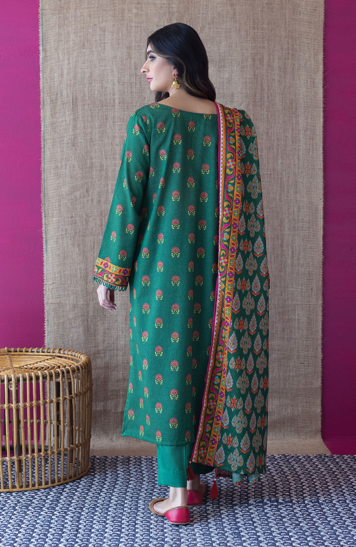 OTL-22-221/U GREEN KARANDI  UNSTITCHED SHIRT DUPATTA PANTS