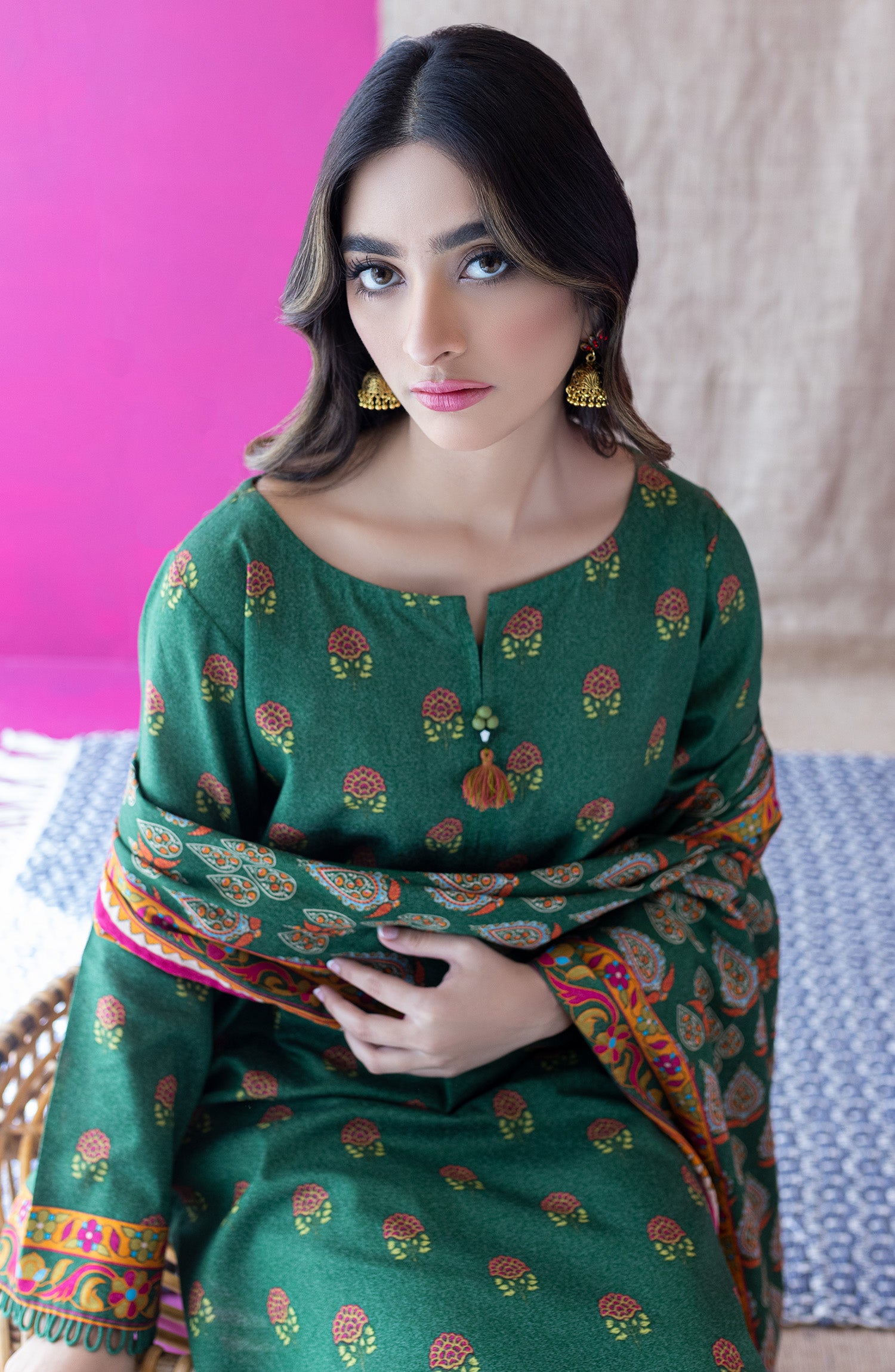 OTL-22-221/U GREEN KARANDI  UNSTITCHED SHIRT DUPATTA PANTS