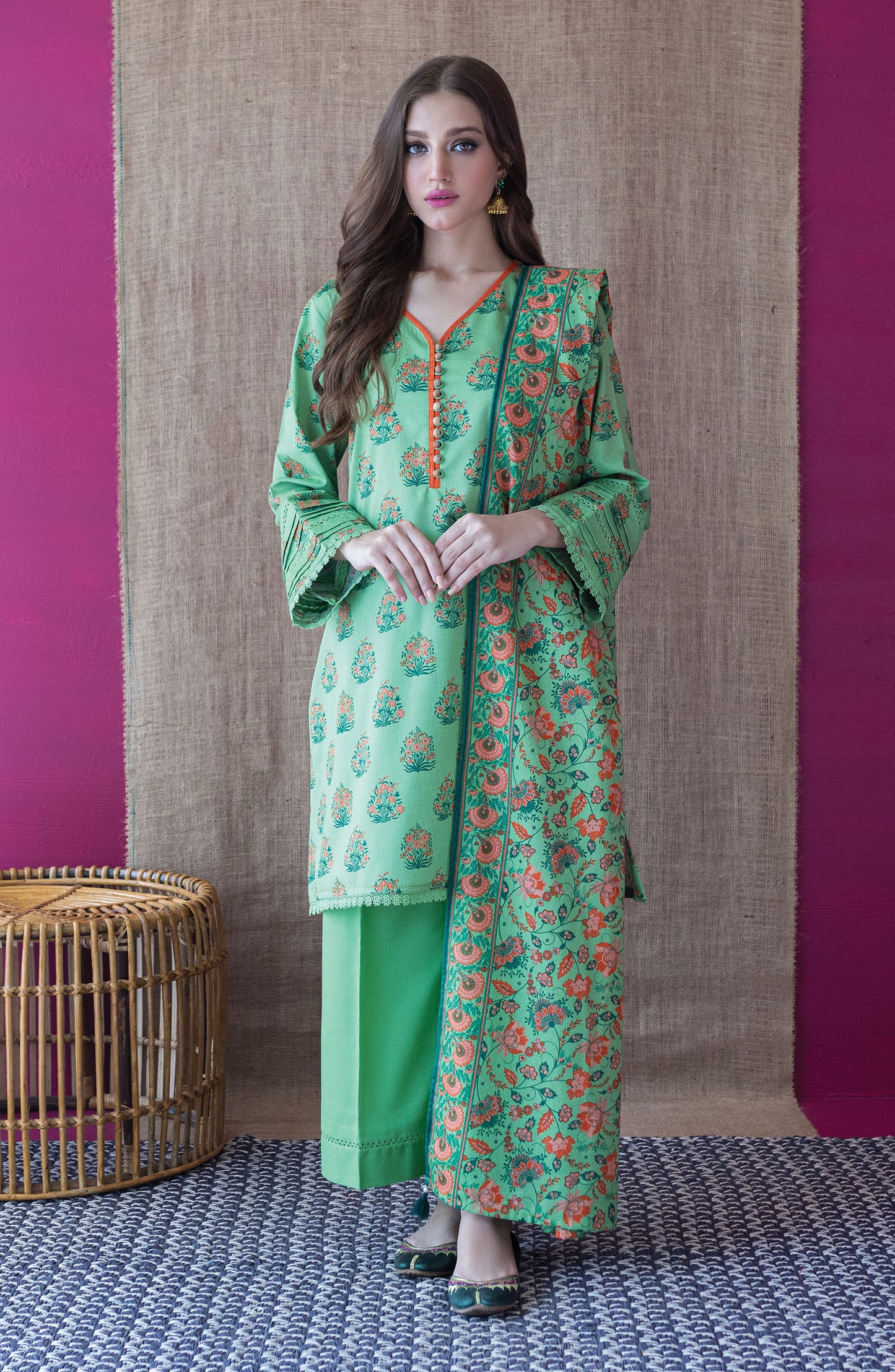 OTL-22-217/U GREEN KARANDI  UNSTITCHED SHIRT DUPATTA PANTS