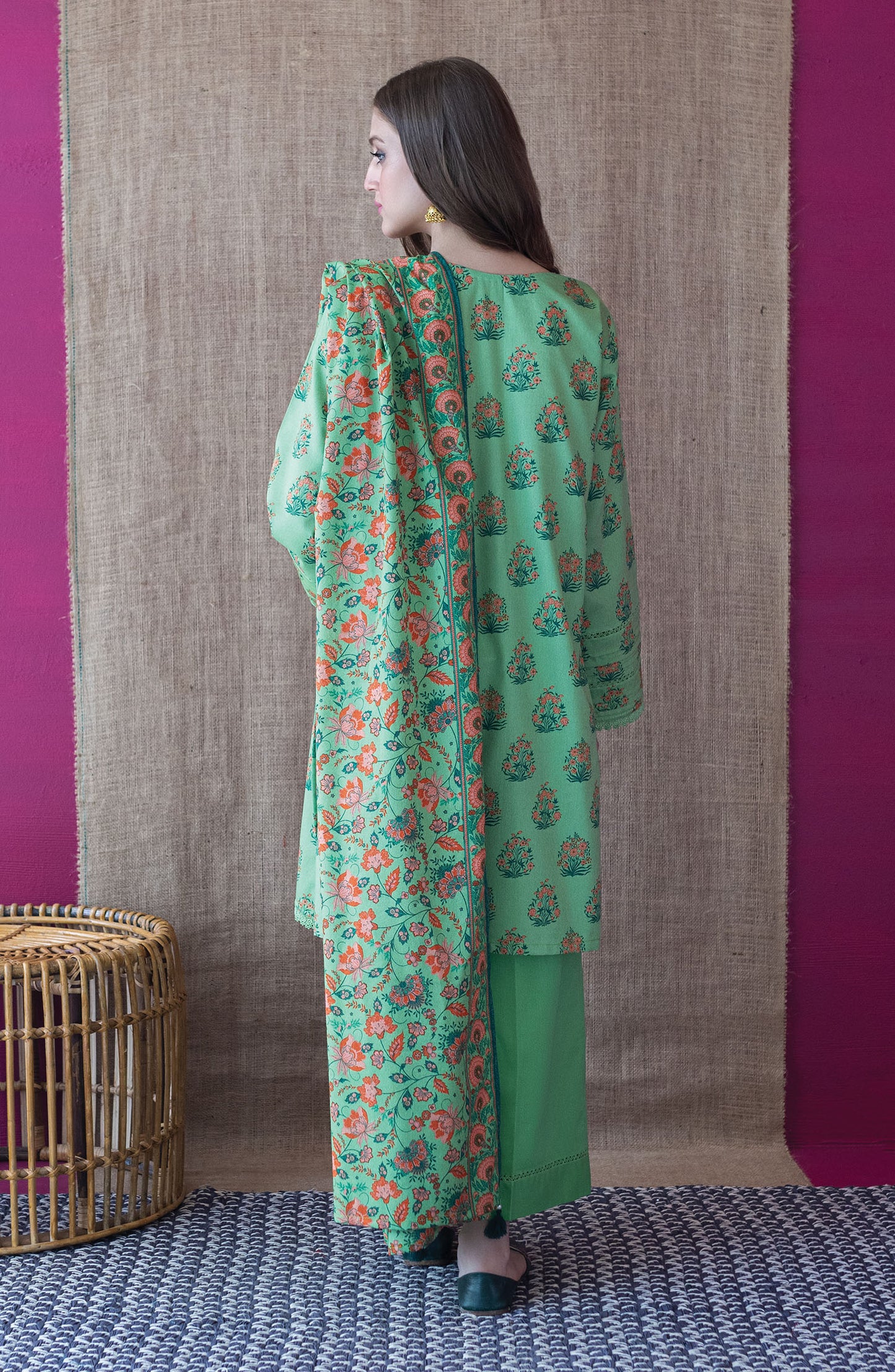 OTL-22-217/U GREEN KARANDI  UNSTITCHED SHIRT DUPATTA PANTS