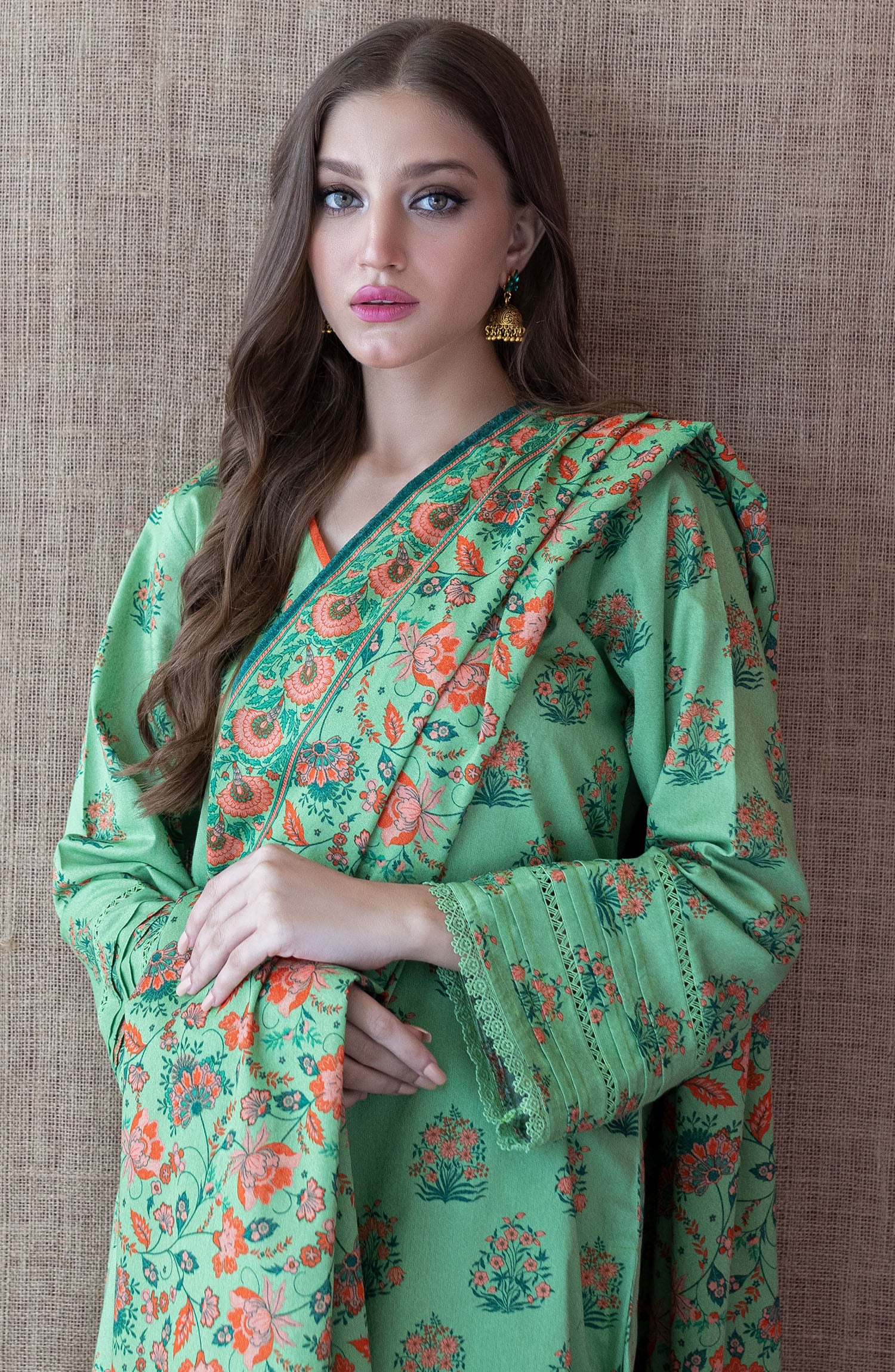 OTL-22-217/U GREEN KARANDI  UNSTITCHED SHIRT DUPATTA PANTS