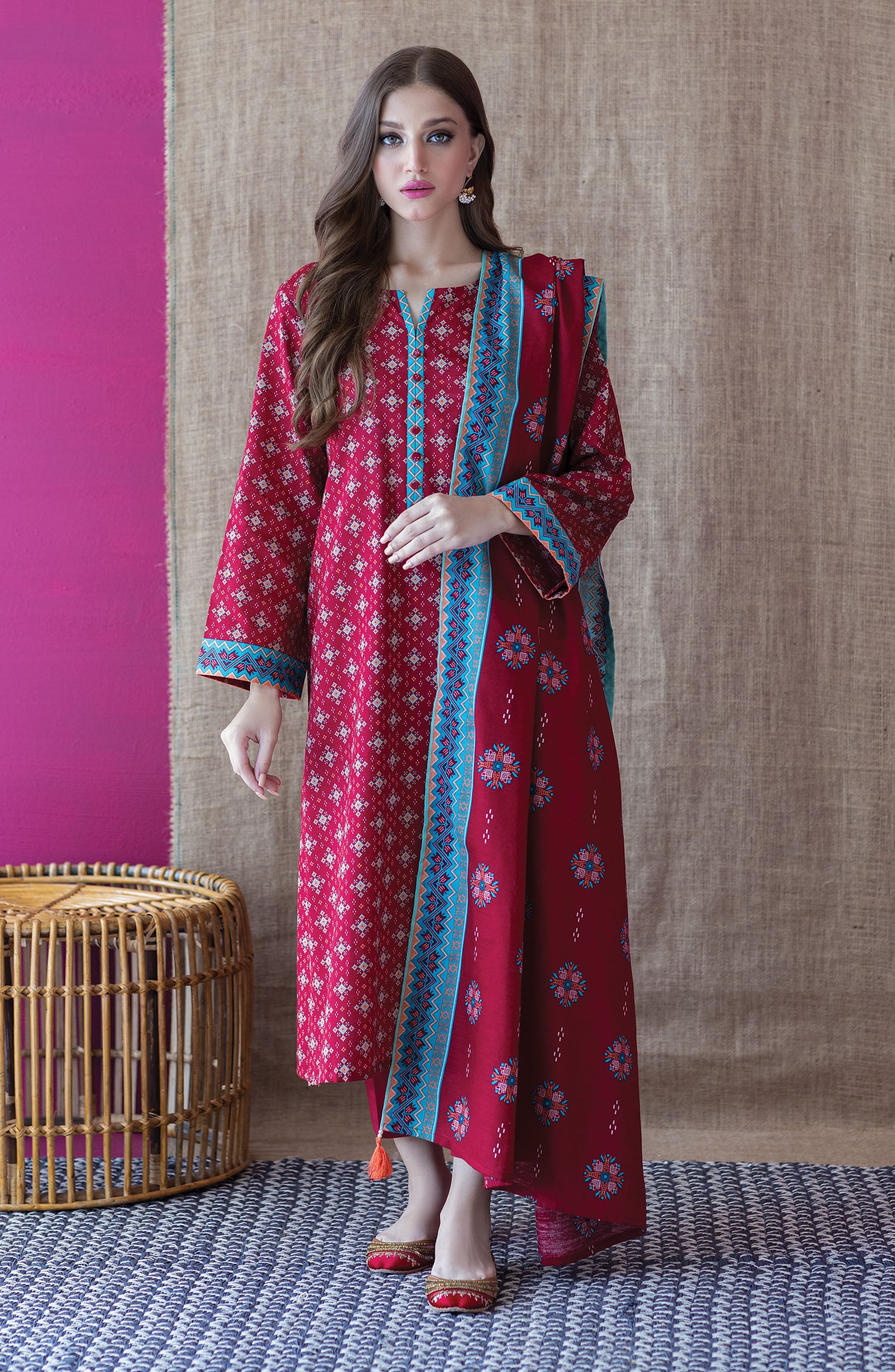 OTL-22-230/U Maroon KHADDAR UNSTITCHED SHIRT DUPATTA PANTS