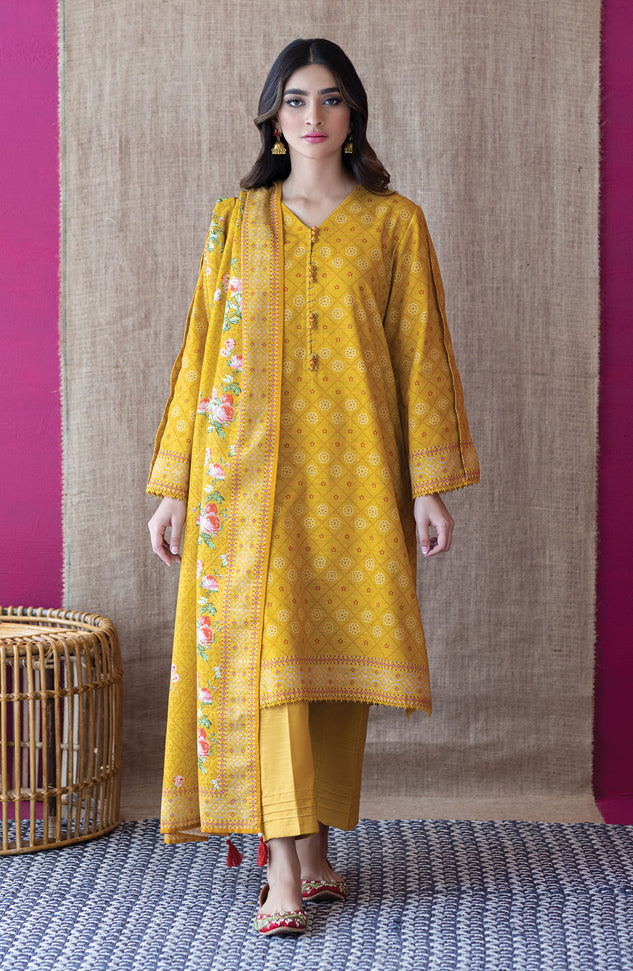 OTL-22-226/U YELLOW KHADDAR  UNSTITCHED SHIRT DUPATTA PANTS