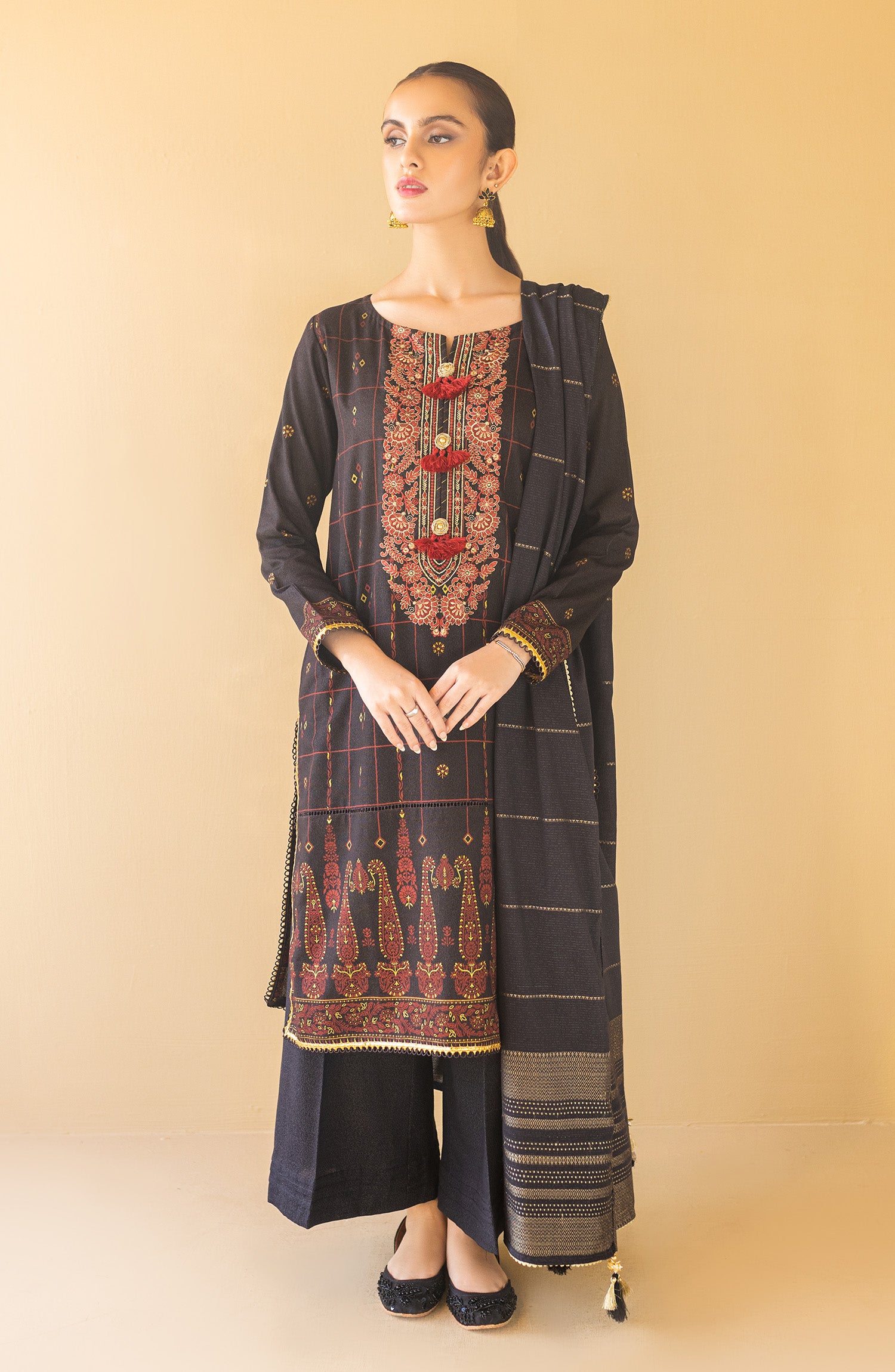 OTL-22-088/U BLACK KARANDI  UNSTITCHED SHIRT DUPATTA PANTS